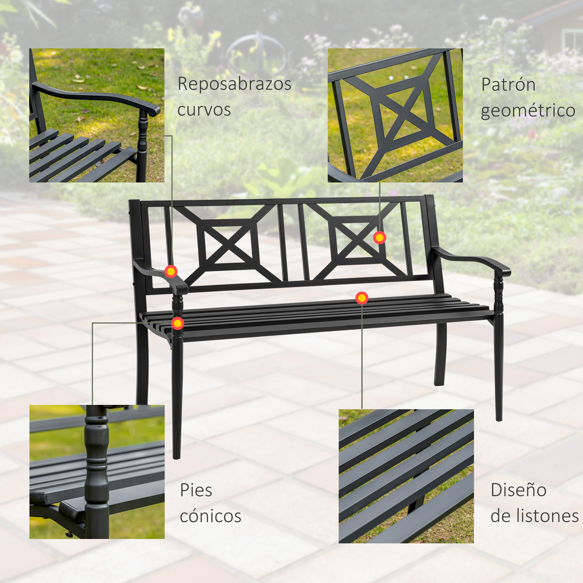 Banco de jardín negro con reposabrazos curvos y detalles geométricos.