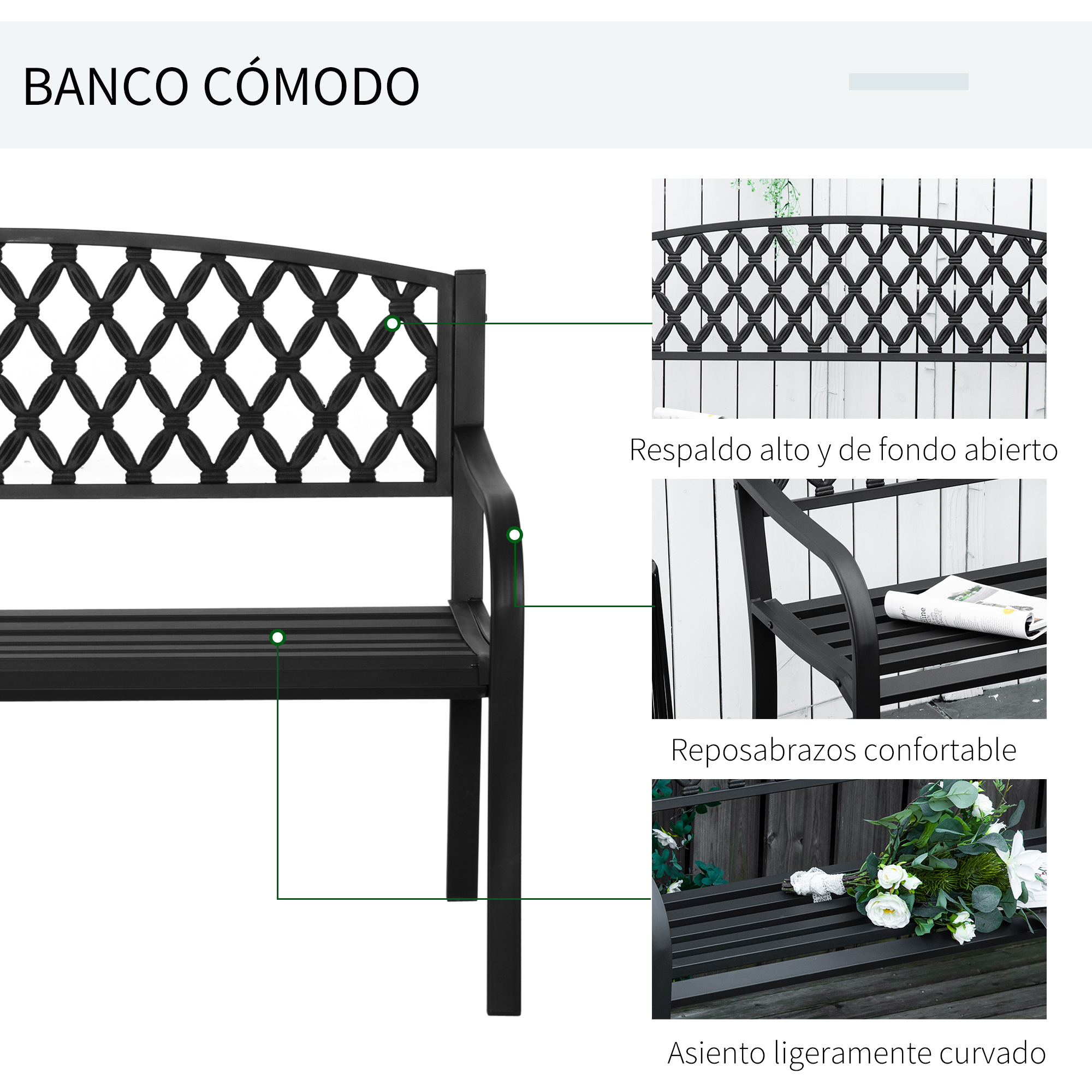 Banco de jardín negro con respaldo de celosía ornamental y ramo.
