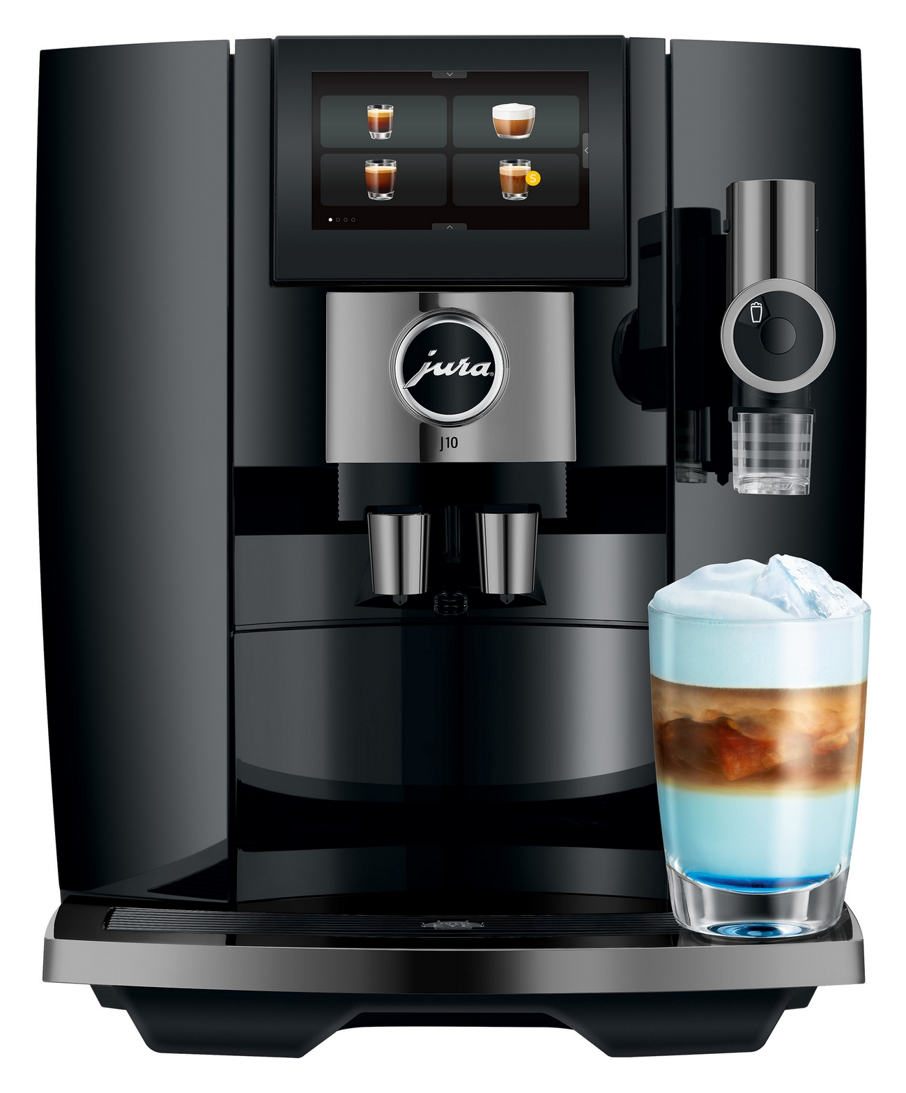 Una macchina da caffè Jura nera con touchscreen e un caffè freddo stratificato.