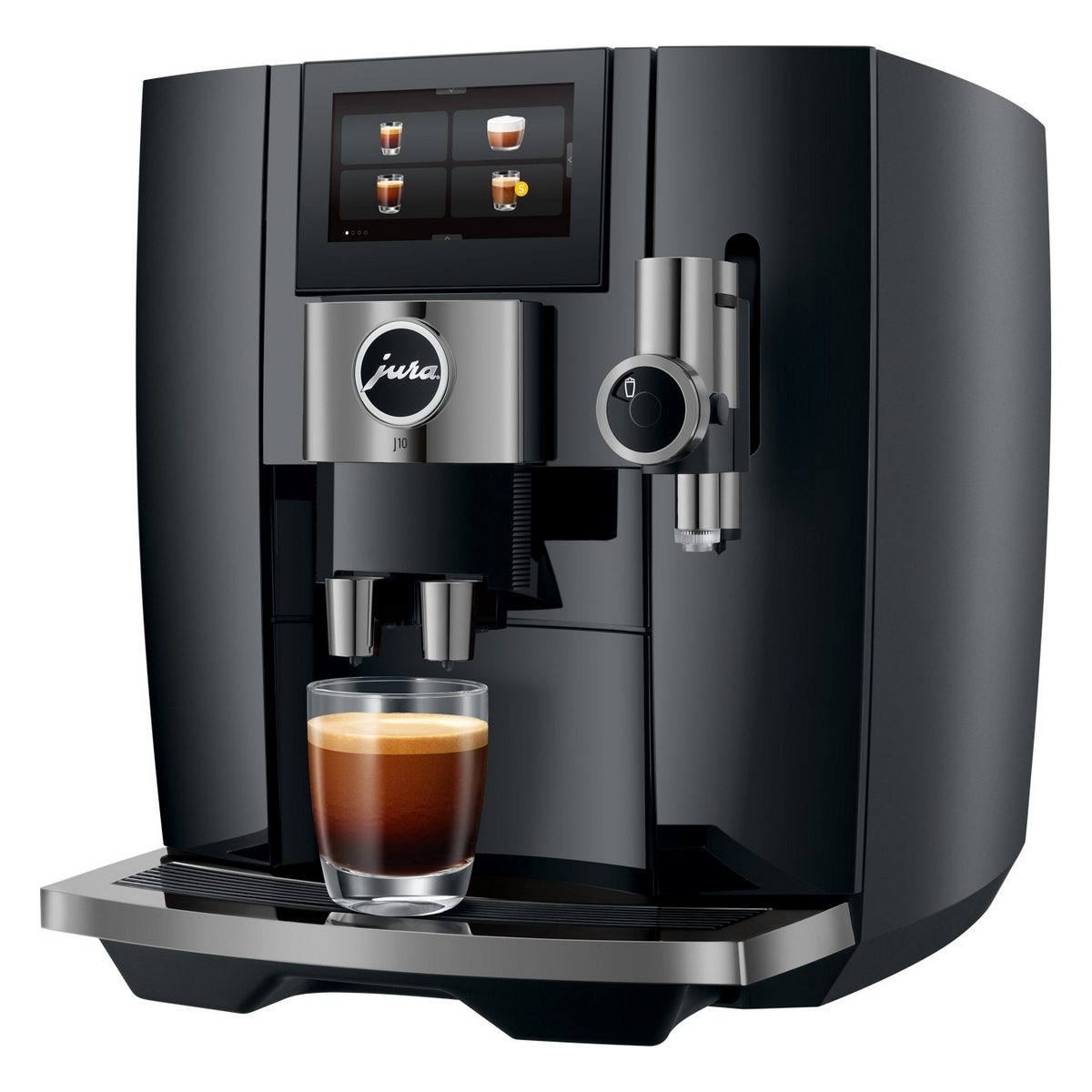 Macchina da caffè nera con bicchiere ed espresso, logo Jura e touchscreen.