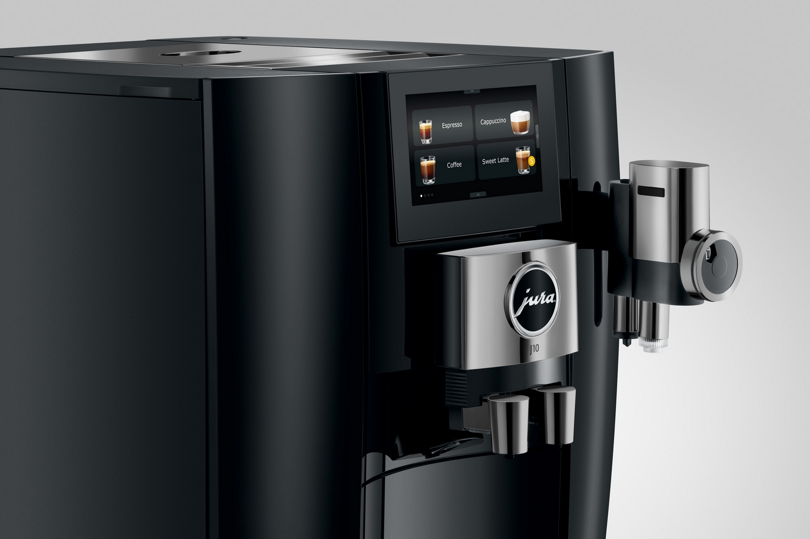 Una macchina da caffè Jura nera con menu touchscreen e accenti argentati.