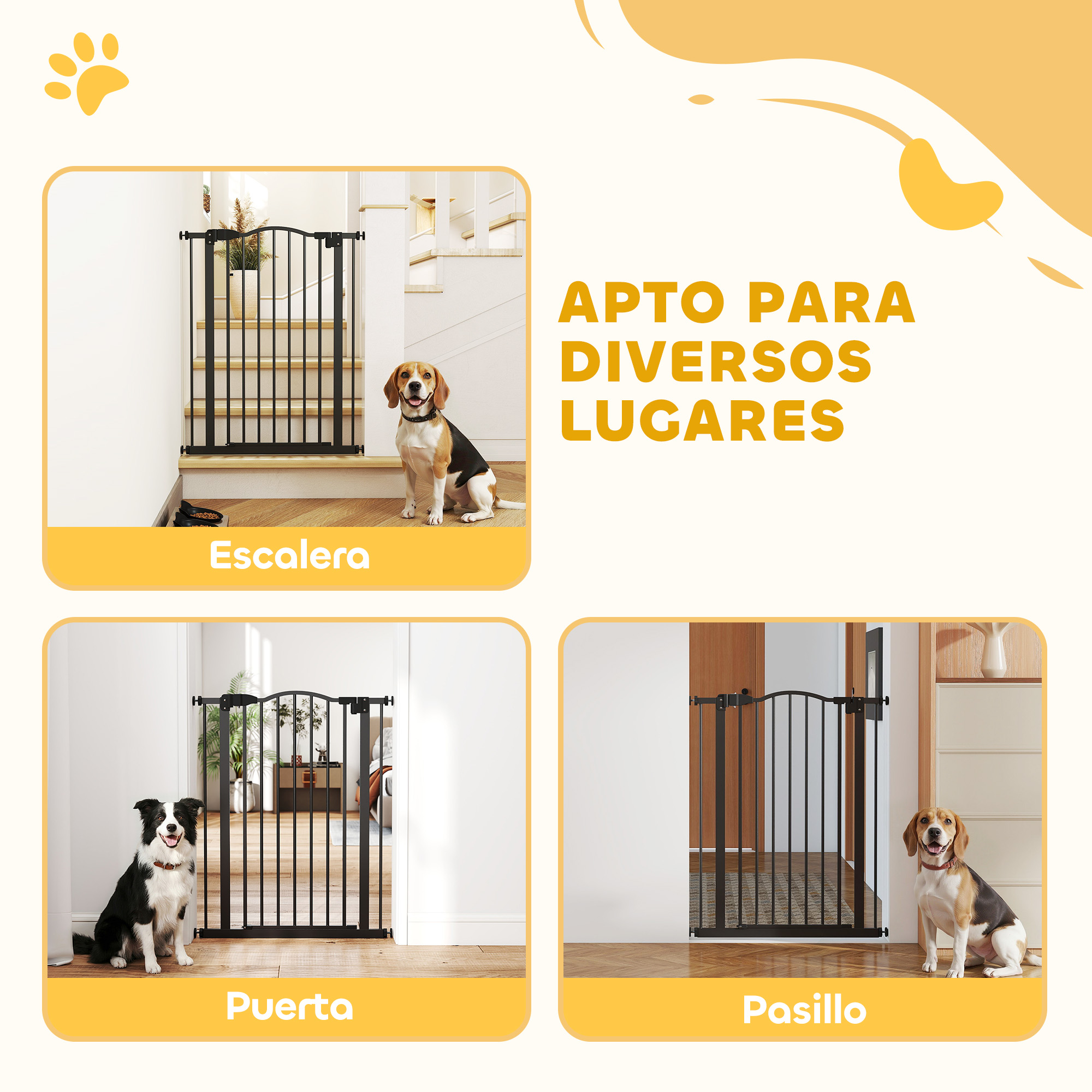 Un perro sentado en escaleras, cerca de una puerta y otros dos perros.