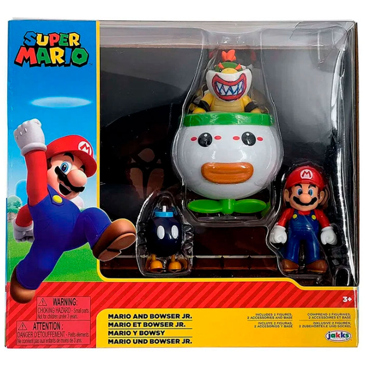 Set de juguetes Super Mario con Mario, Bowser Jr. y Bob-omb en caja.