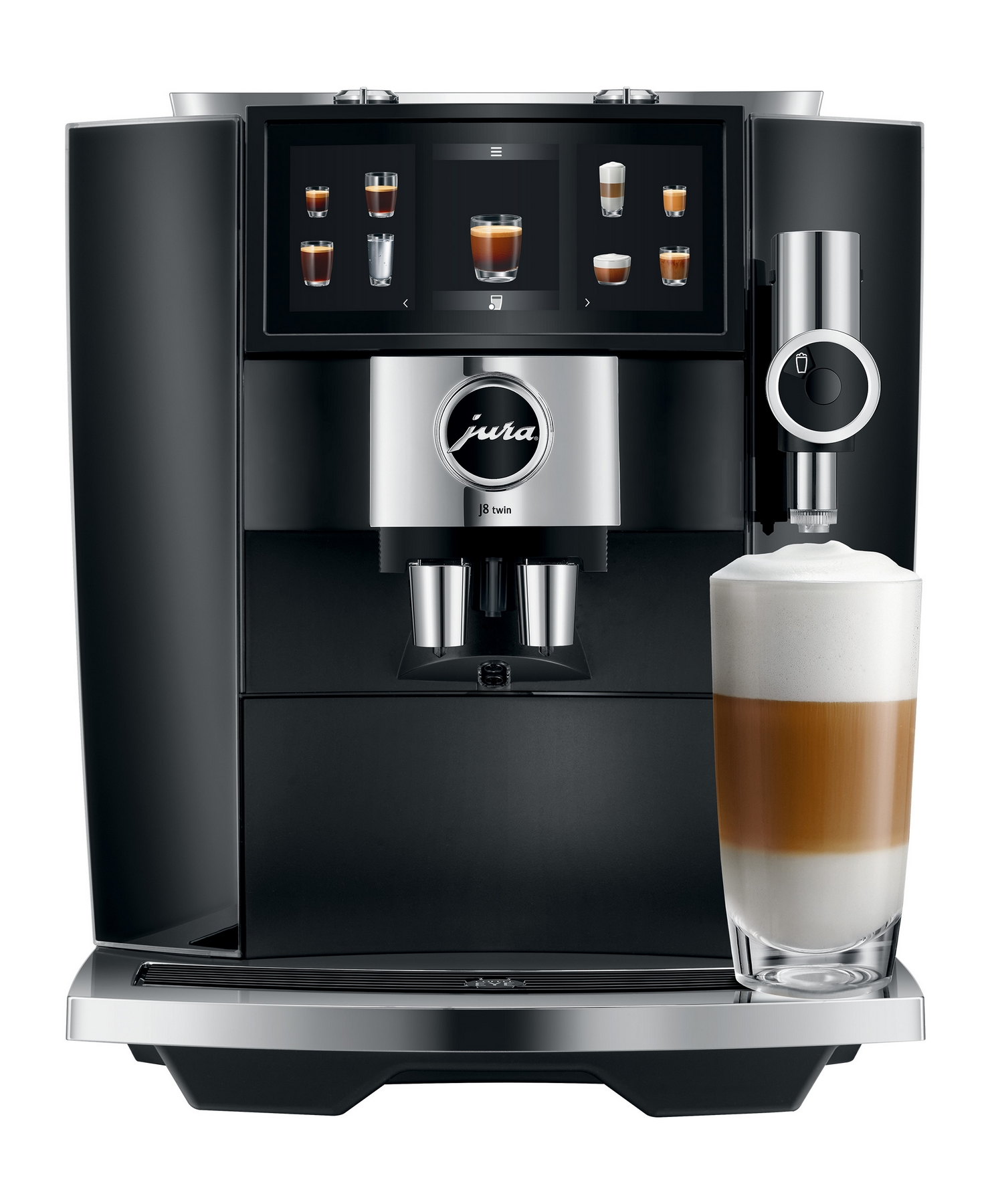 Schwarze Kaffeemaschine mit Touchscreen, die einen Latte Macchiato zubereitet.