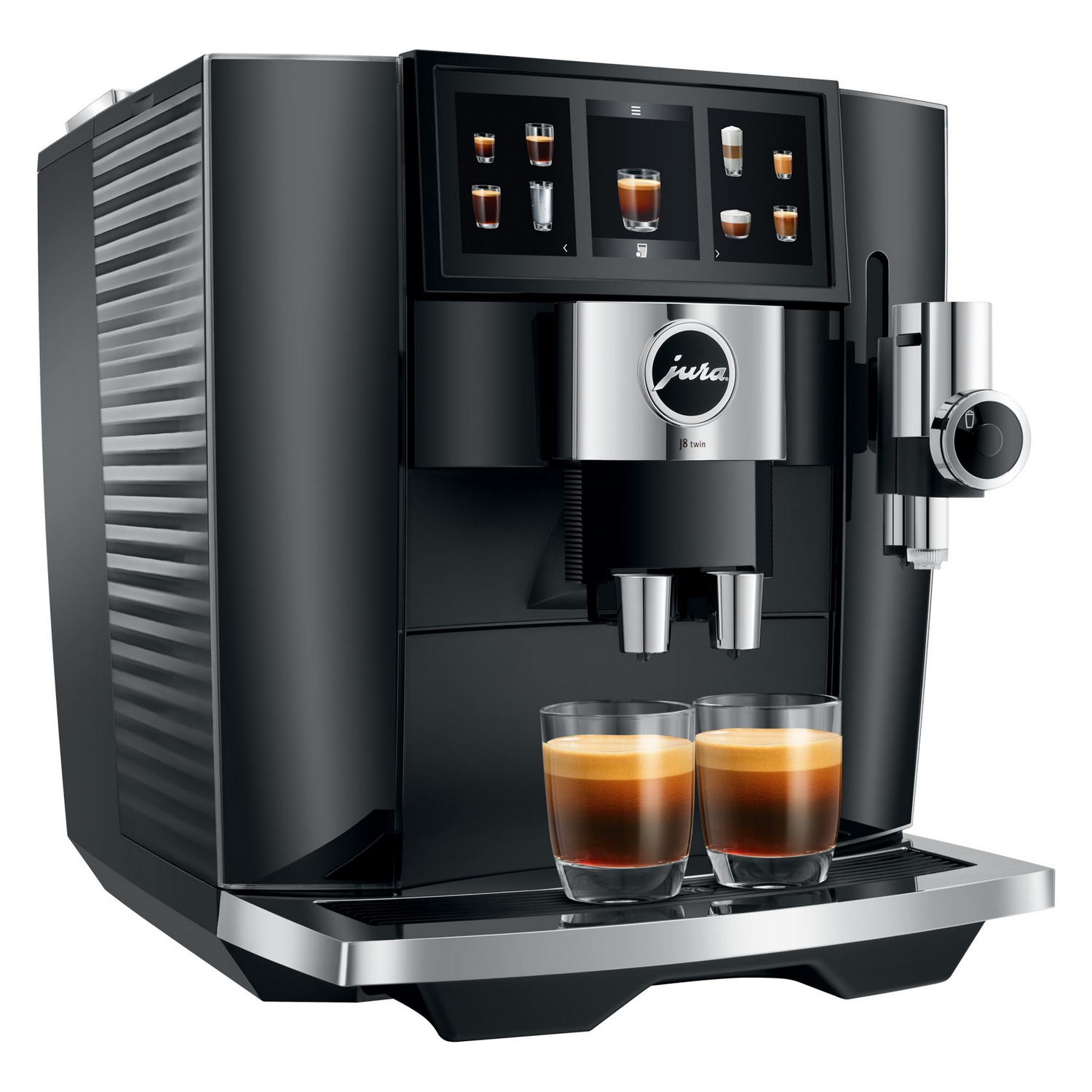 Schwarze Kaffeemaschine mit zwei Espressogläsern und einem Touchscreen.