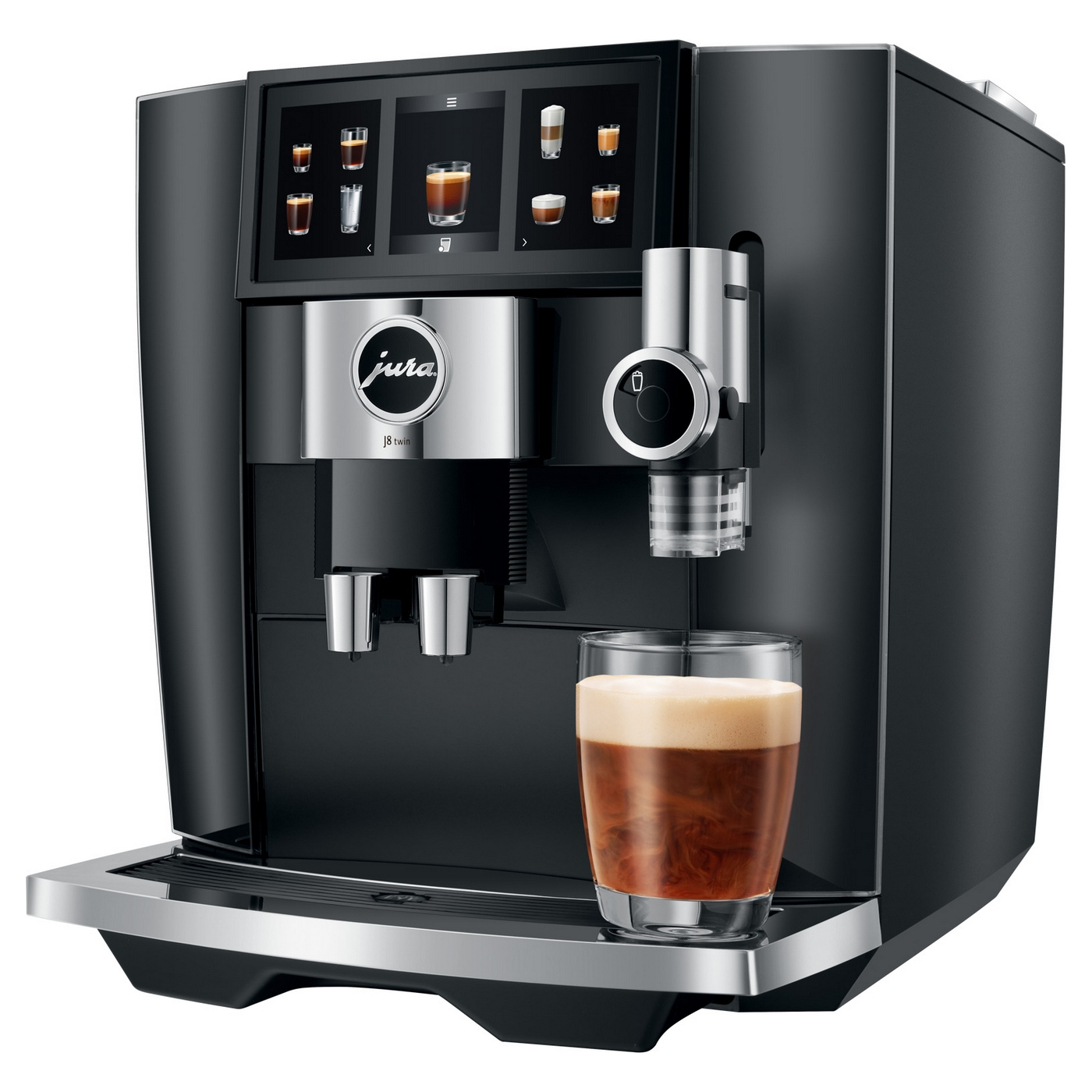 Eine schwarze Kaffeemaschine mit einem Glas Kaffee und Schaum.