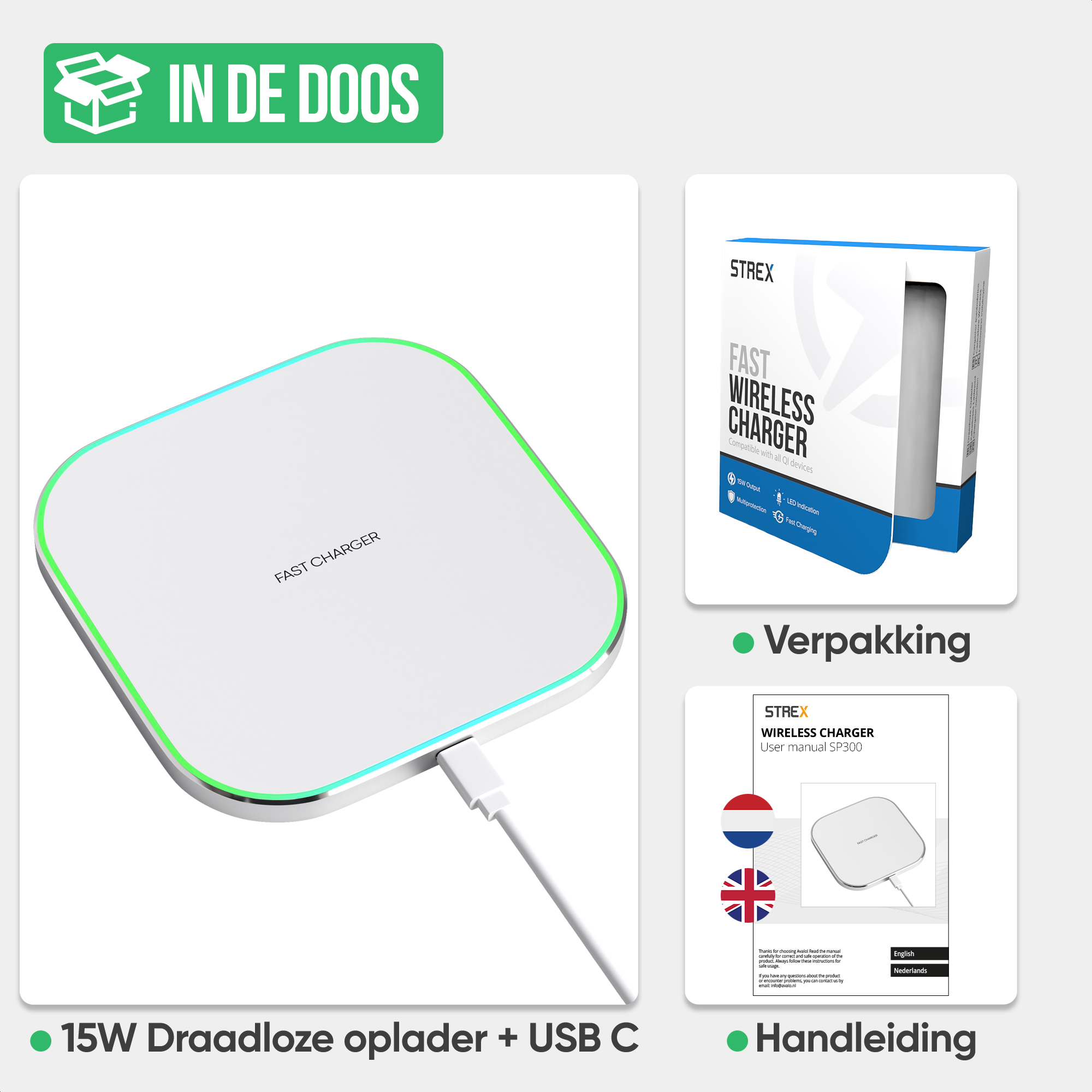 Witte 15W draadloze lader met USB-C, verpakking en handleiding.
