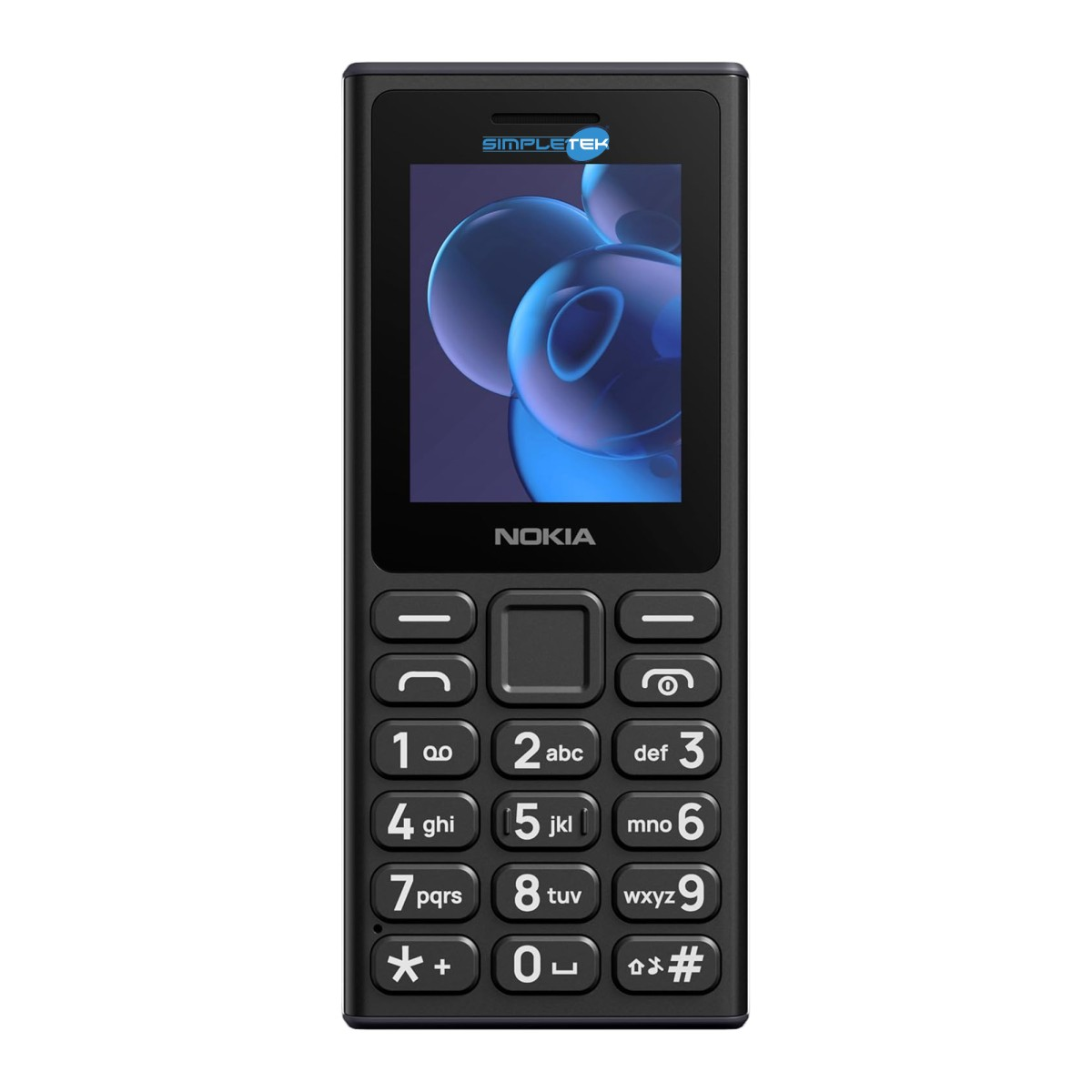 Czarny telefon Nokia z klawiaturą i abstrakcyjnym niebieskim ekranem.