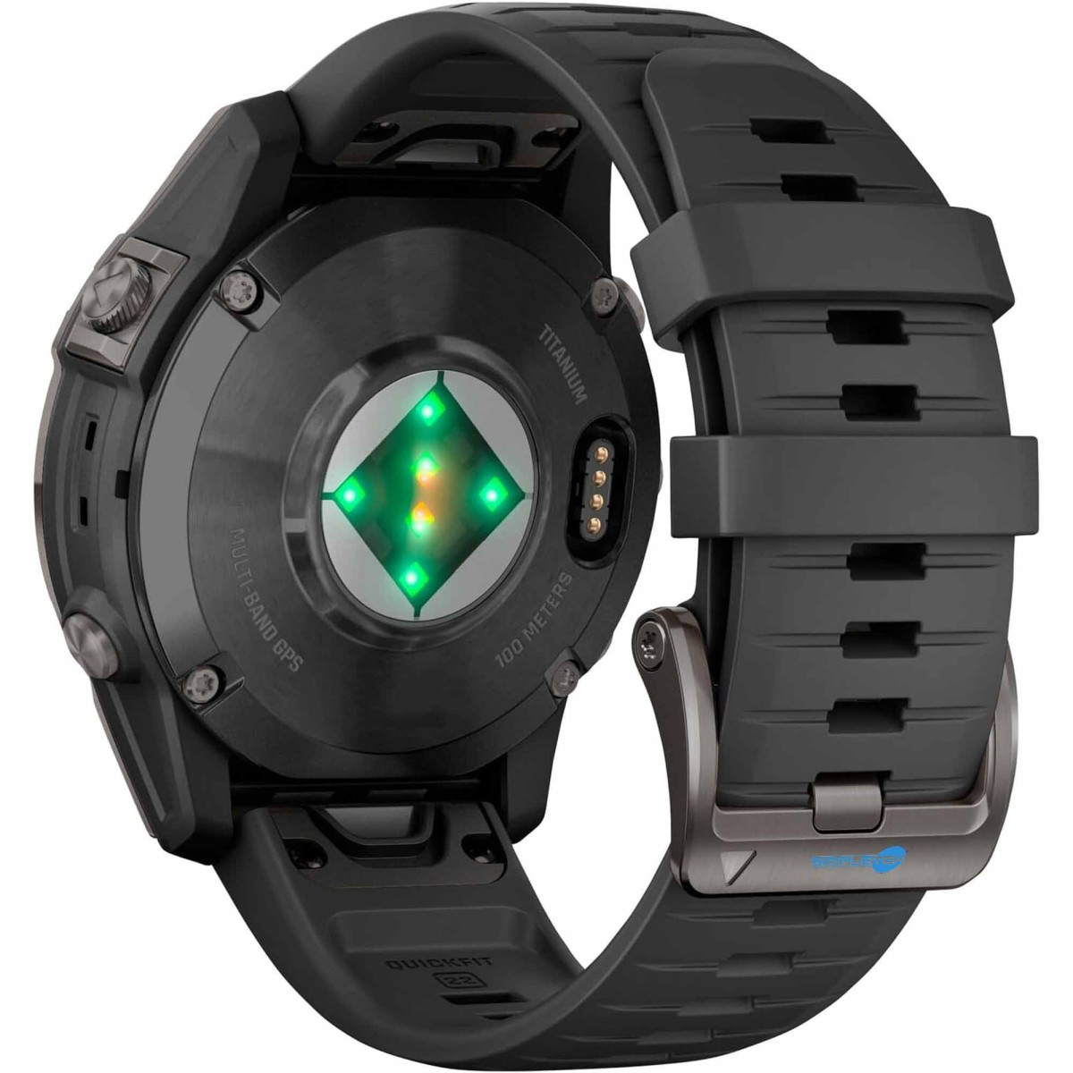 Vista posteriore di uno smartwatch nero con cassa in titanio, sensori cardio verdi e cinturino nero.