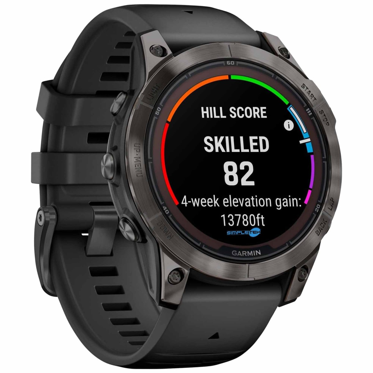 Uno smartwatch Garmin mostra un "Punteggio Abile Collina" di 82 con guadagno di elevazione di 4 settimane.