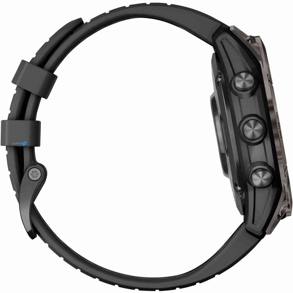 Orologio intelligente grigio con cinturino nero, pulsanti laterali, visto da destra.