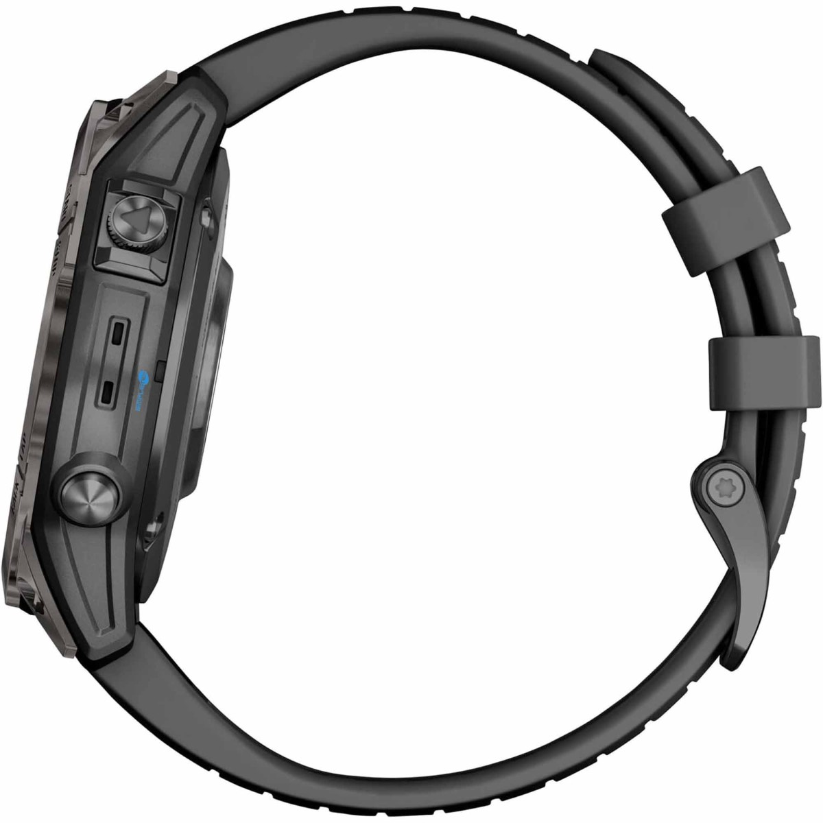 Orologio smart grigio con cinturino nero, vista laterale con pulsanti.