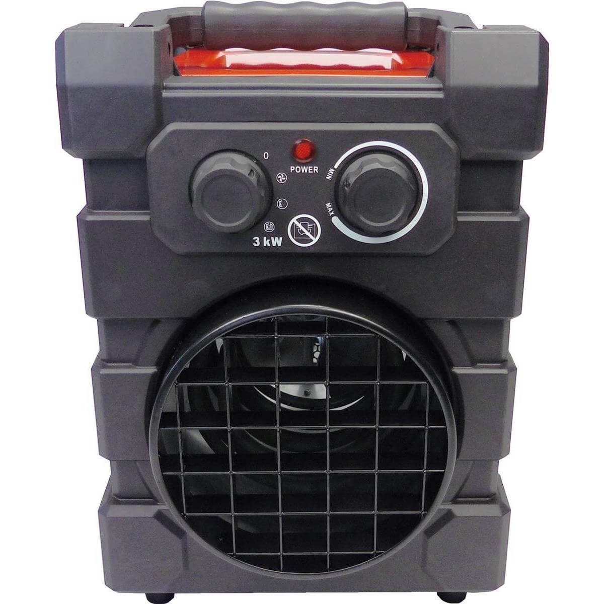 Ein schwarzer 3-kW-Heizer mit Lüftergitter, Drehreglern und roter Power-LED.