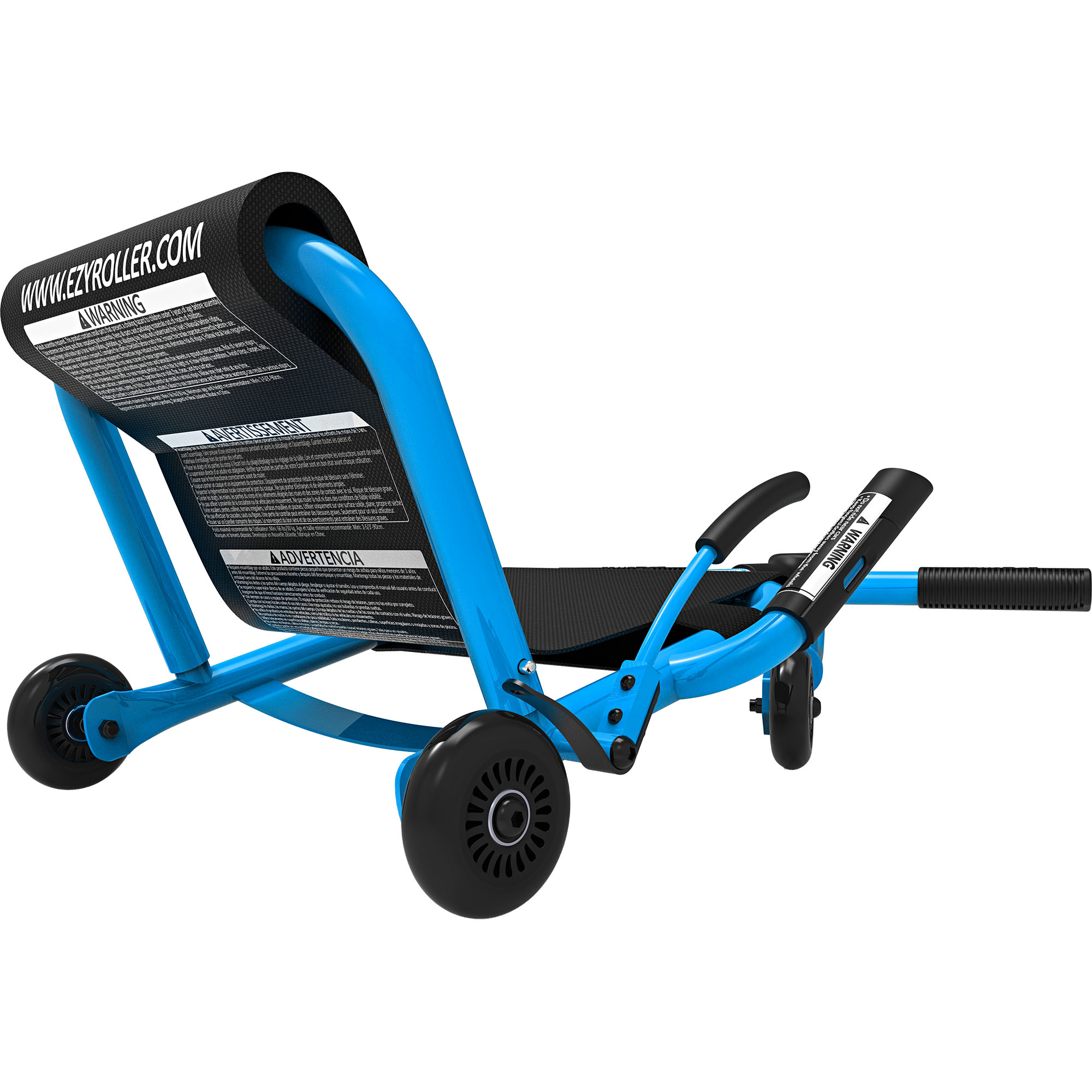Ein blauer Ezyroller mit drei schwarzen Rädern und Warnhinweisen.