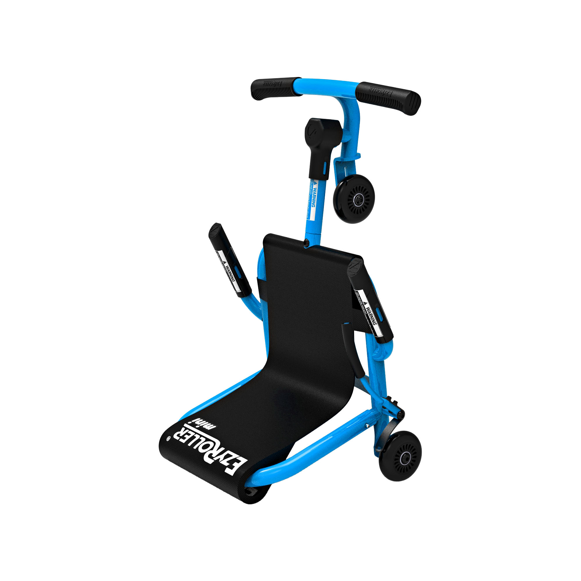 Ein kleiner blauer Ezyroller mit schwarzem Sitz und Griffen.