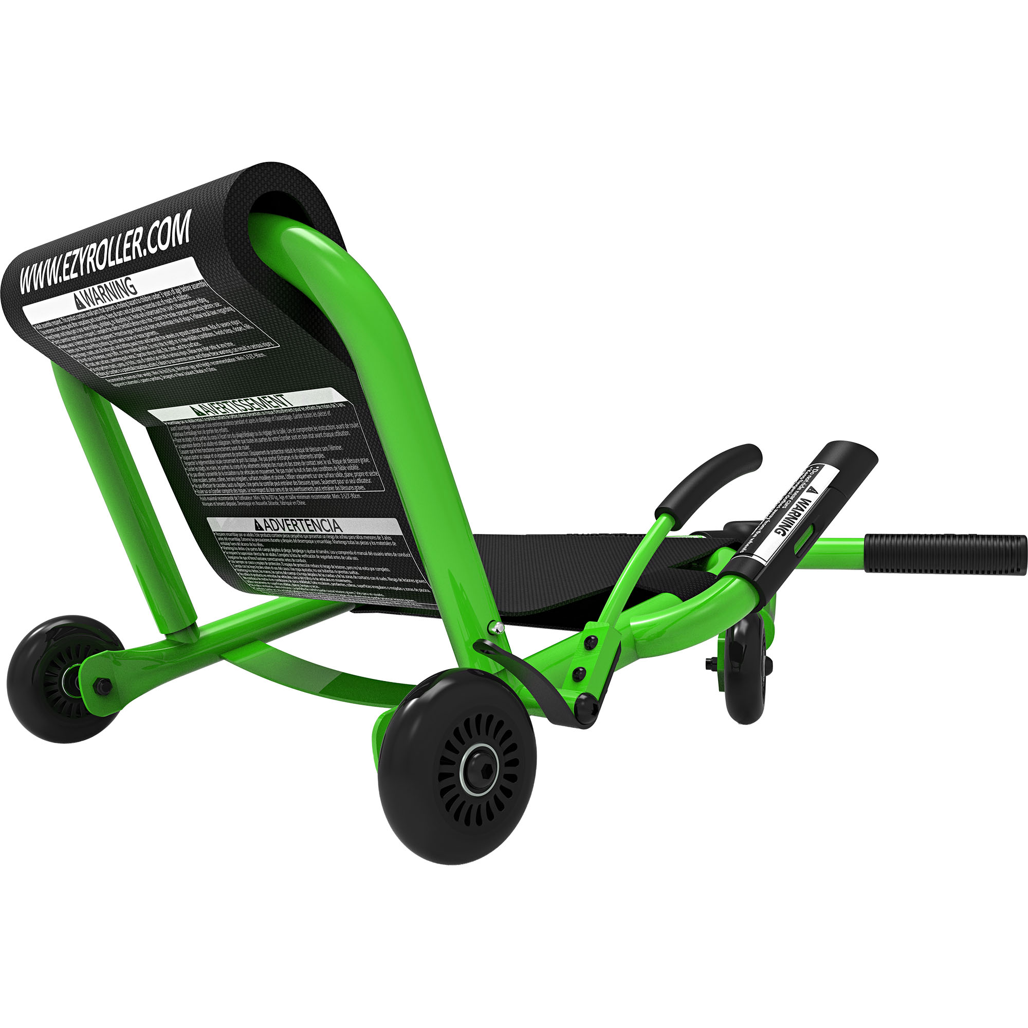 Ein grüner Ezyroller Roller mit schwarzen Rädern und Sitz, auf weißem Hintergrund.