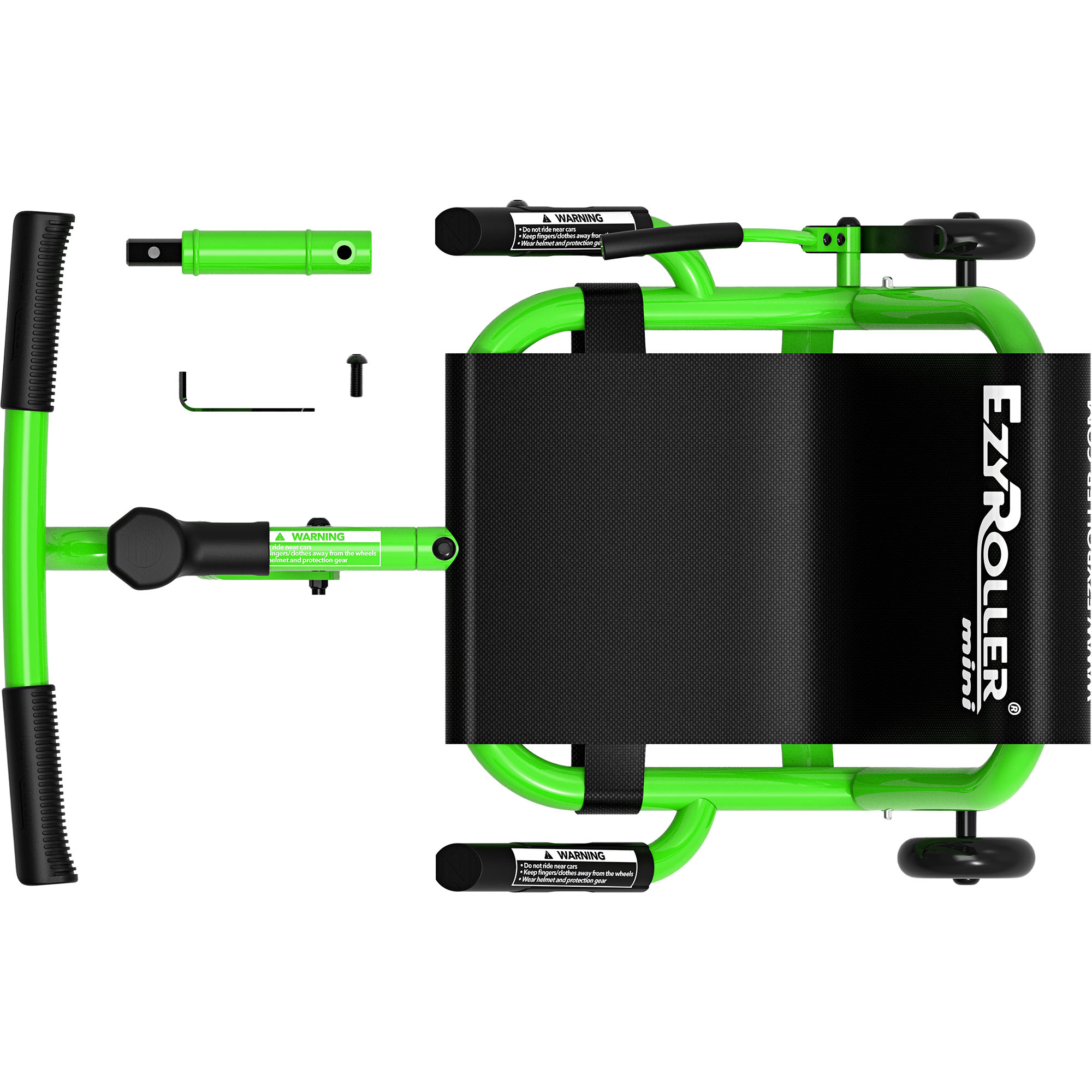 Ein grüner Ezyroller Mini mit schwarzem Sitz und Zubehör auf weißem Hintergrund.