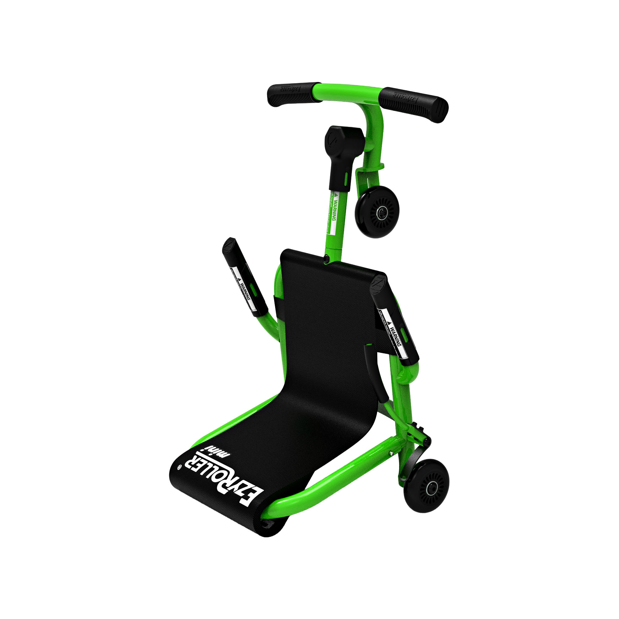 Ein grüner Ezyroller Mini mit schwarzem Sitz und Griffen.