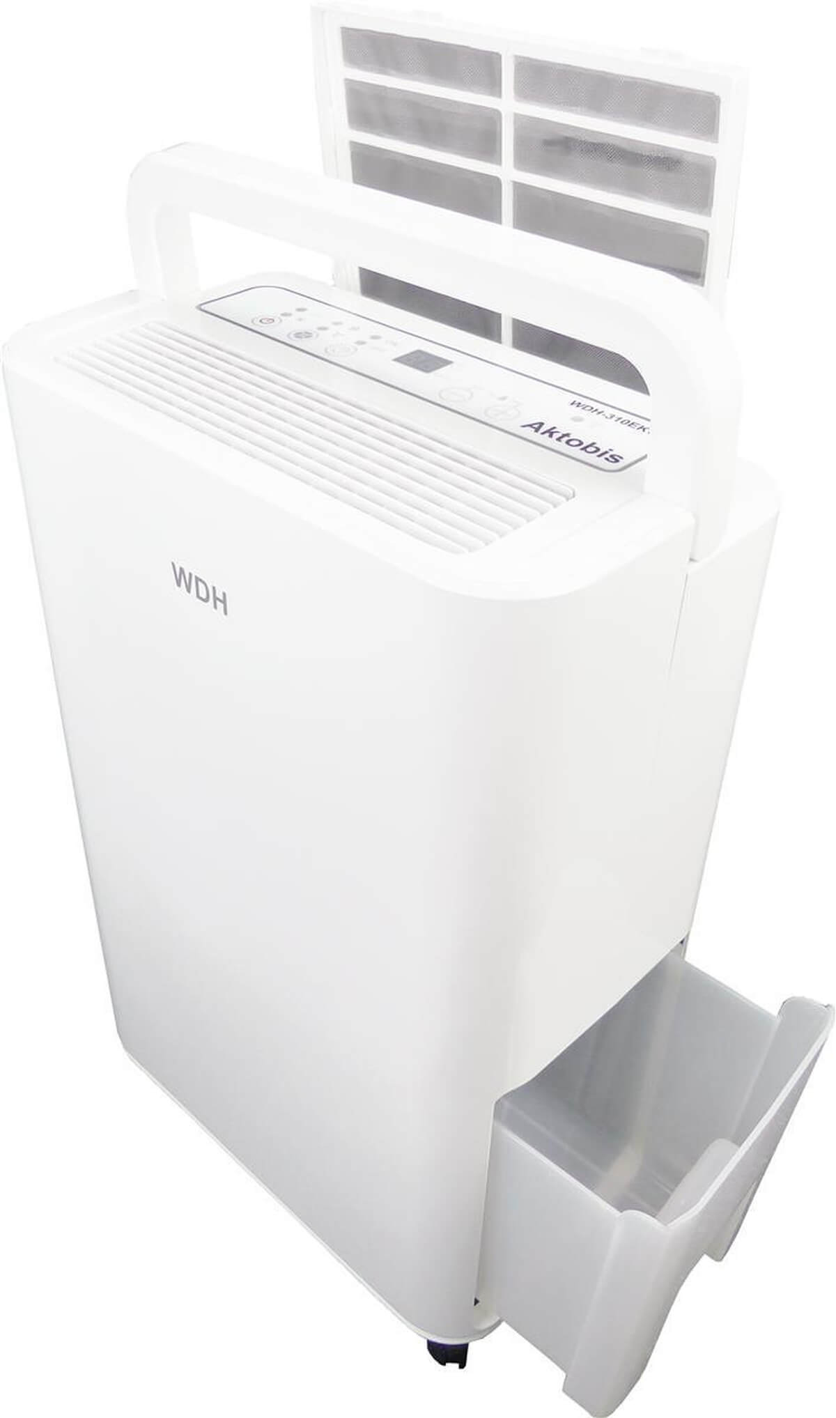 Un deumidificatore bianco con serbatoio estraibile e vano filtro aperto.