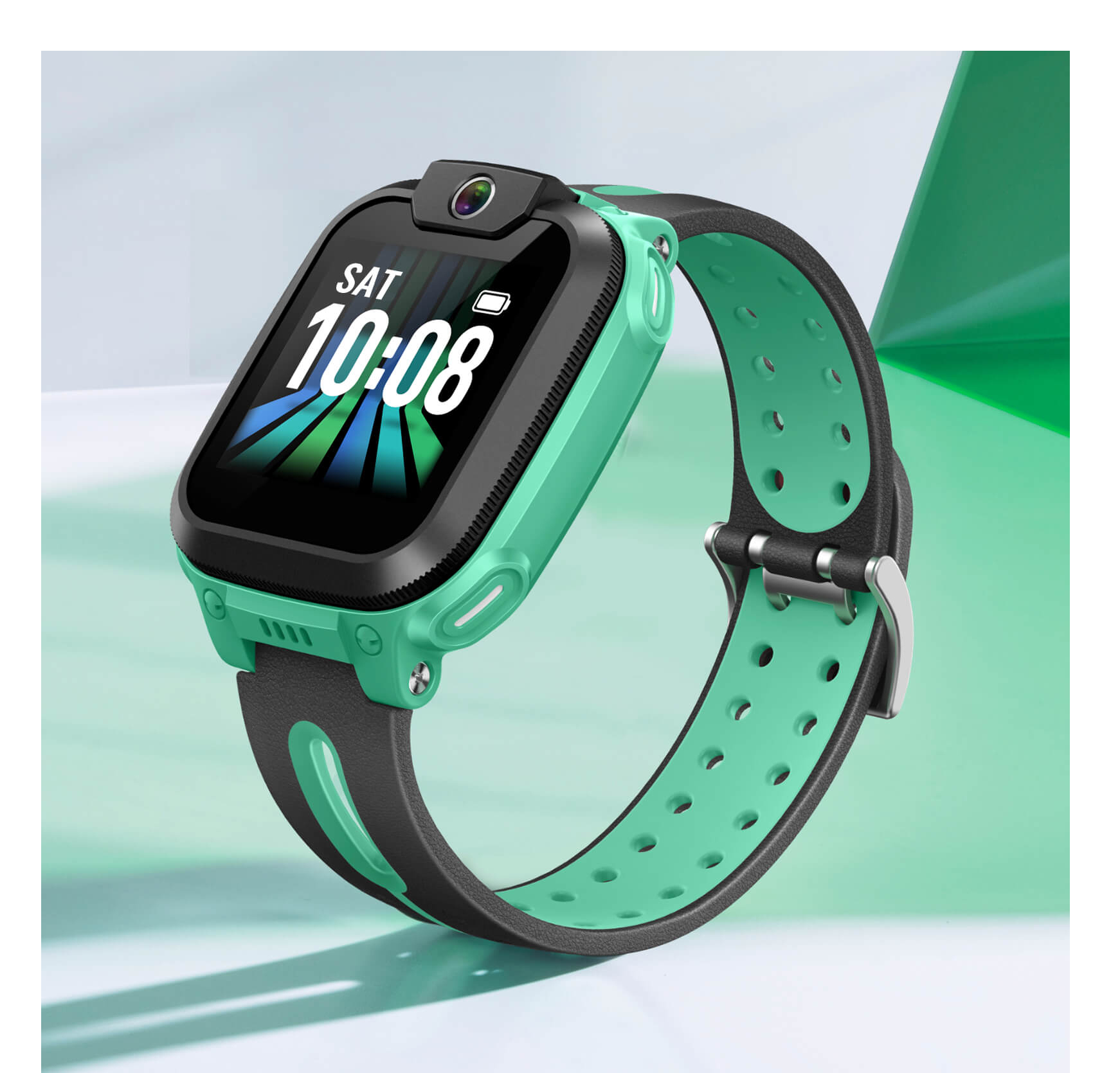 Orologio smart verde con fotocamera, mostra le 10:08. Cinturino nero con accenti verdi.