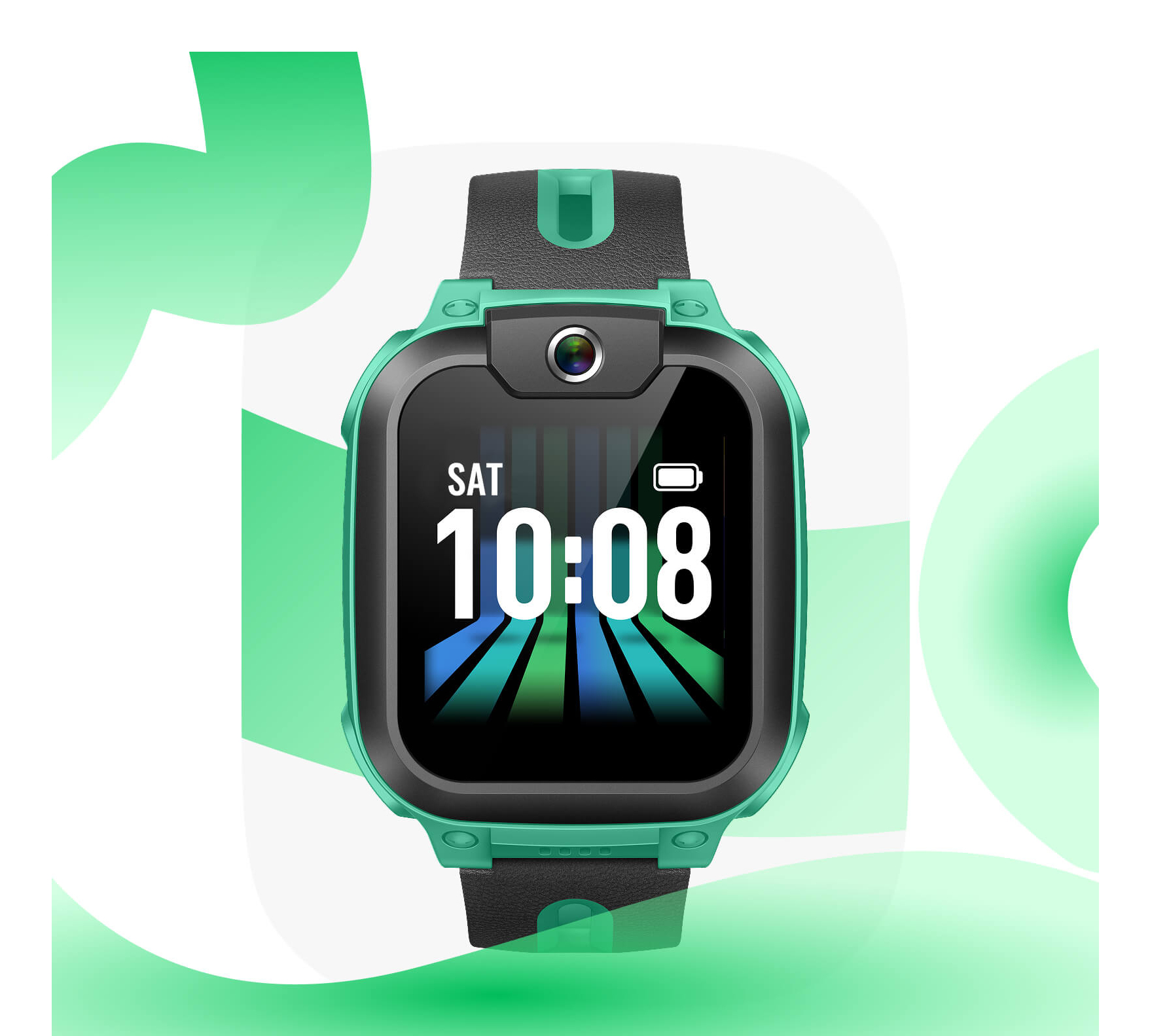 Uno smartwatch verde con cinturino nero mostra le 10:08.