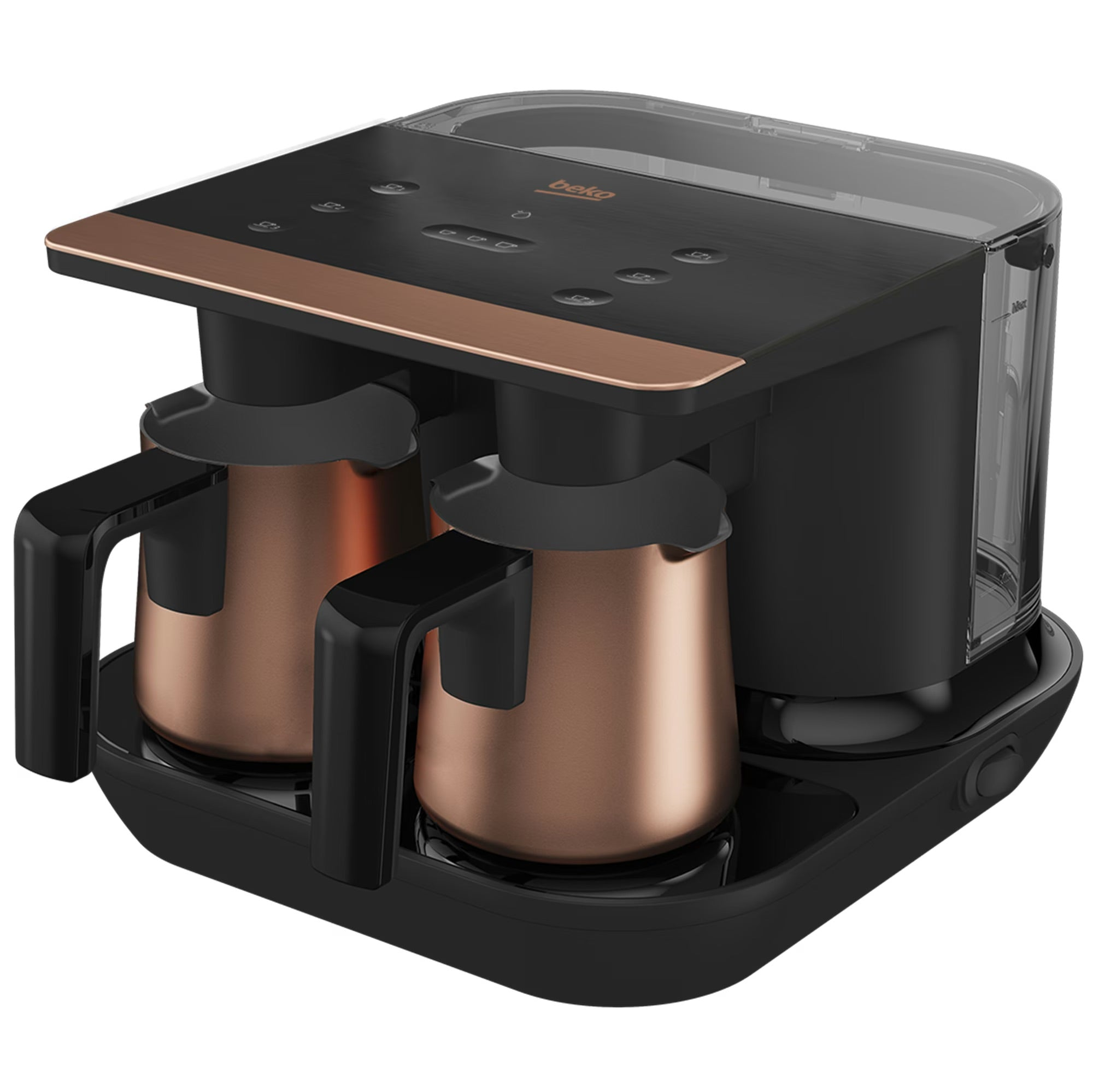 A black Beko coffee maker with two copper pots and a transparent water tank.