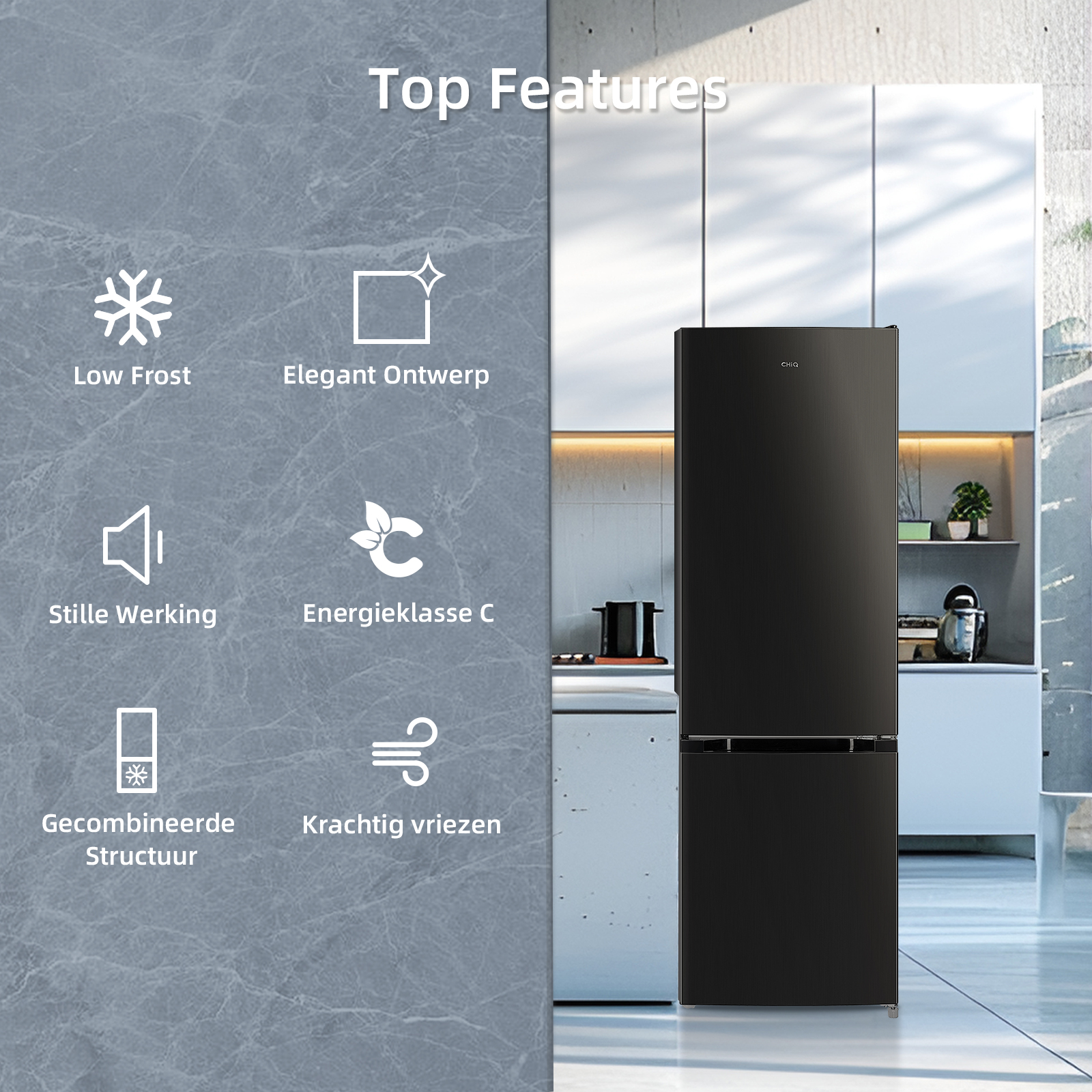 Black refrigerator featuring Low Frost, quiet operation, and energy class C.
