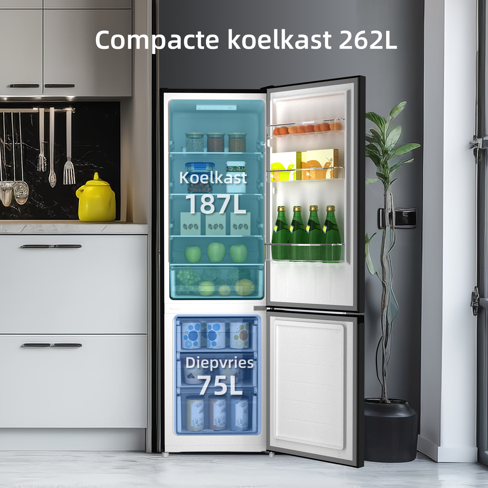 An open refrigerator with food and bottles inside. Eggs are on top, bottles below.