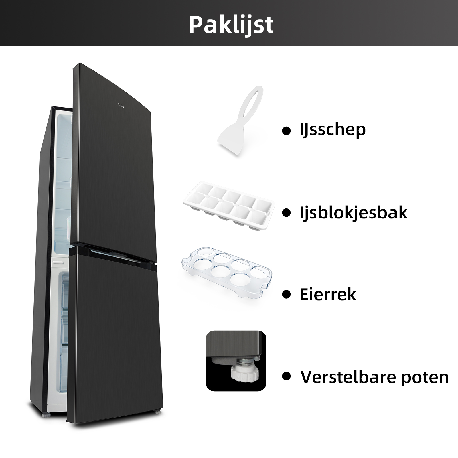 Black refrigerator with open compartment, ice scoop, ice cube tray, egg rack, adjustable feet.