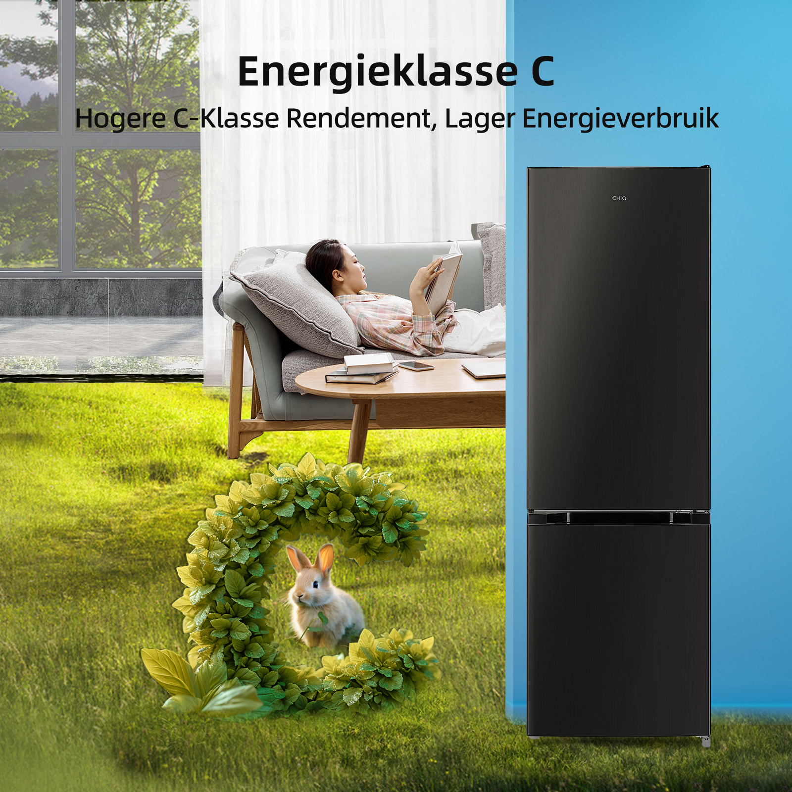 Black fridge next to a sofa with a woman reading, bunny in grass.