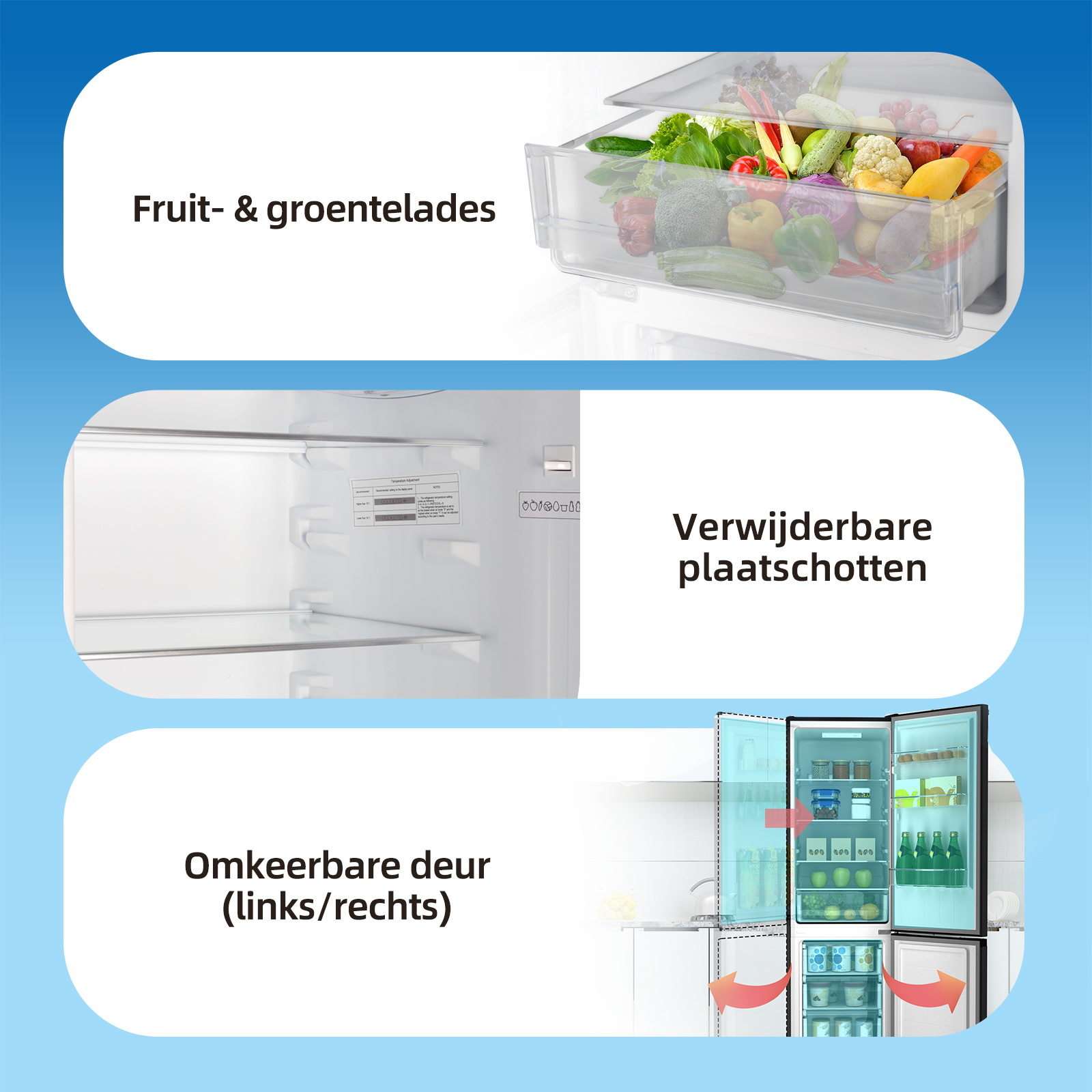 Refrigerator with fruit/veg drawer, removable shelves, and reversible door.