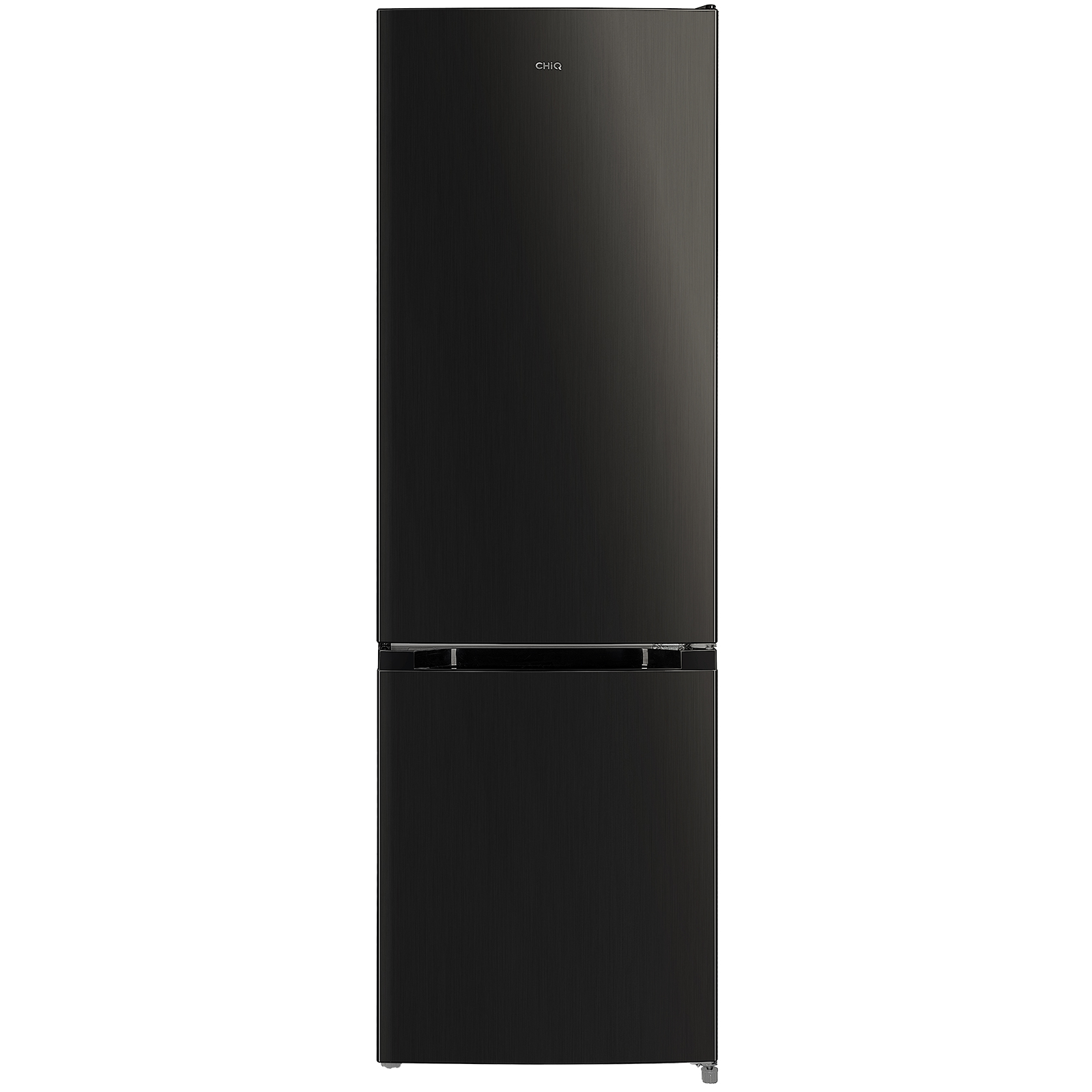 Black two-door refrigerator with top freezer and top refrigerator sections.