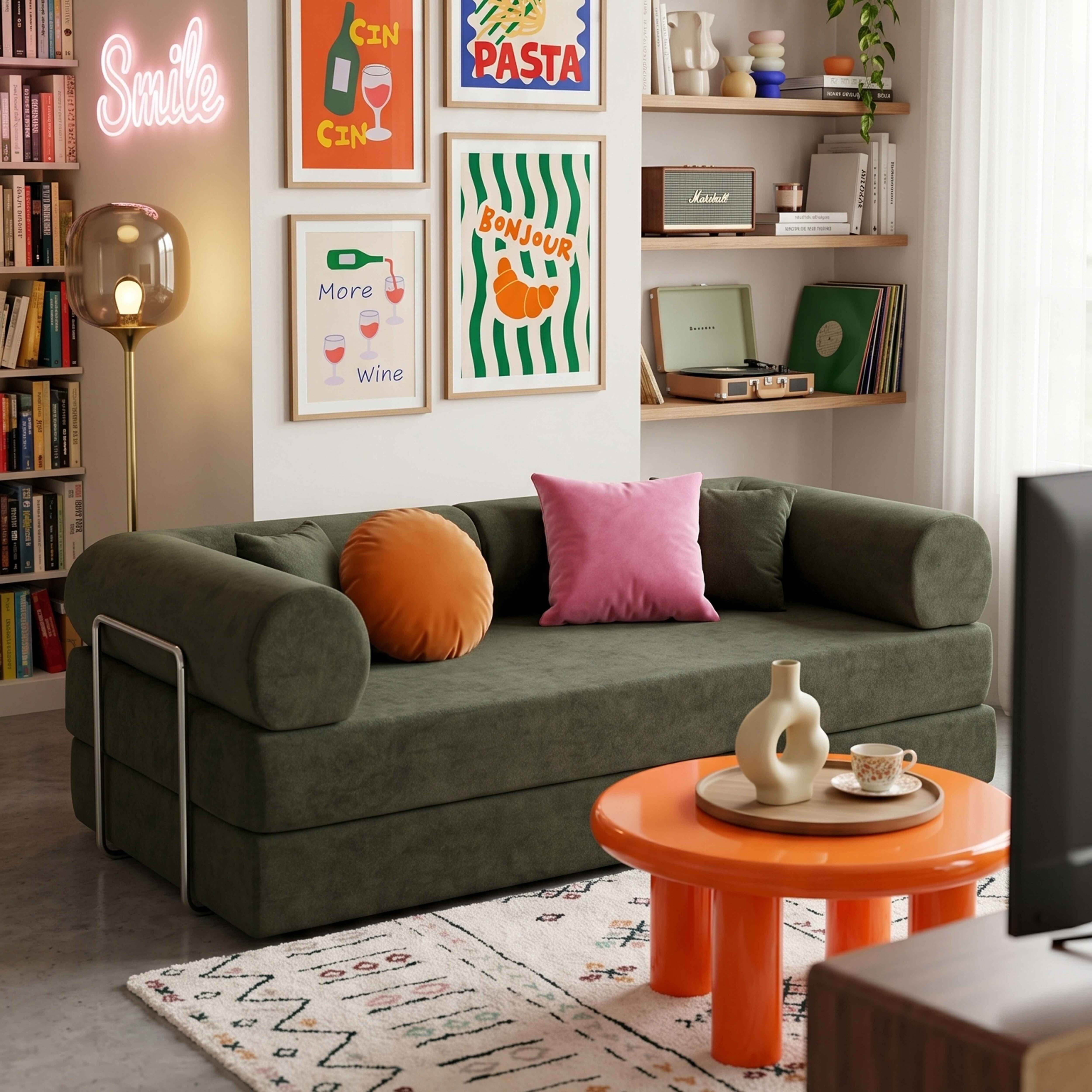 Ein Wohnzimmer mit einem grünen Sofa, orangefarbenen Akzenten und Kunst an der Wand.