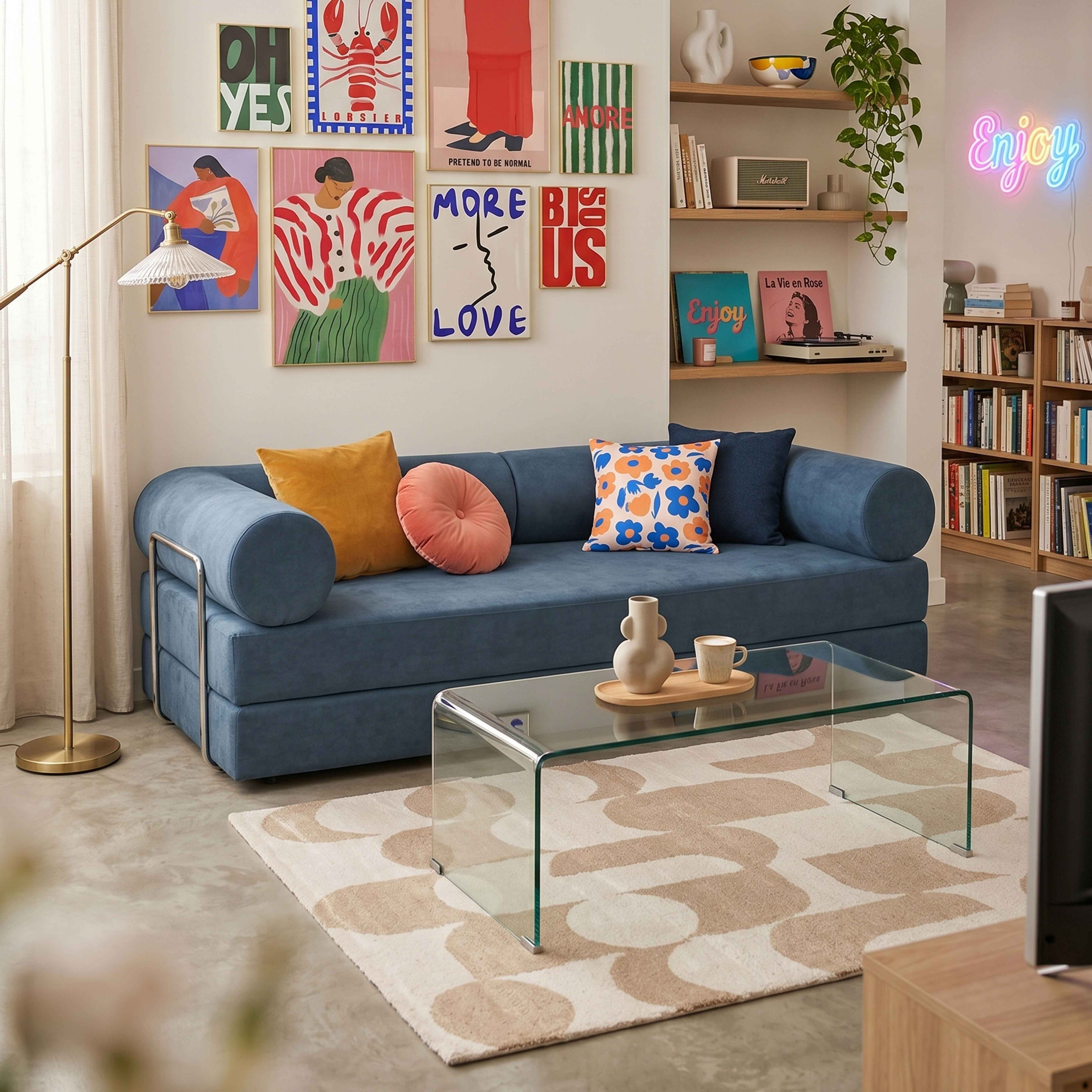 Ein blaues Sofa mit bunten Kissen vor einer Wand mit Kunstwerken und einem Bücherregal.