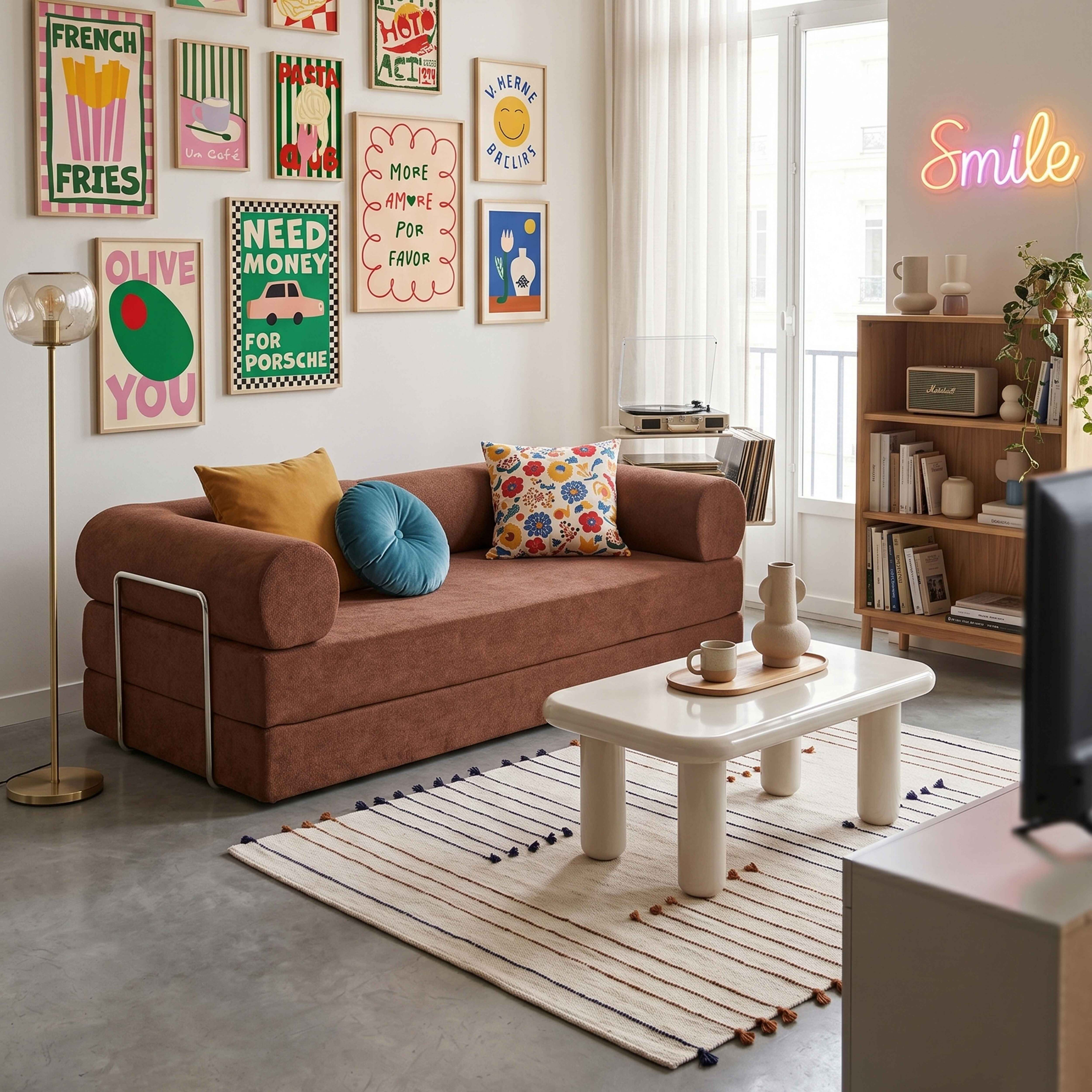 Ein braunes Sofa mit bunten Kissen vor einer Wand mit gerahmten Postern und einer Neonlicht-Schrift.