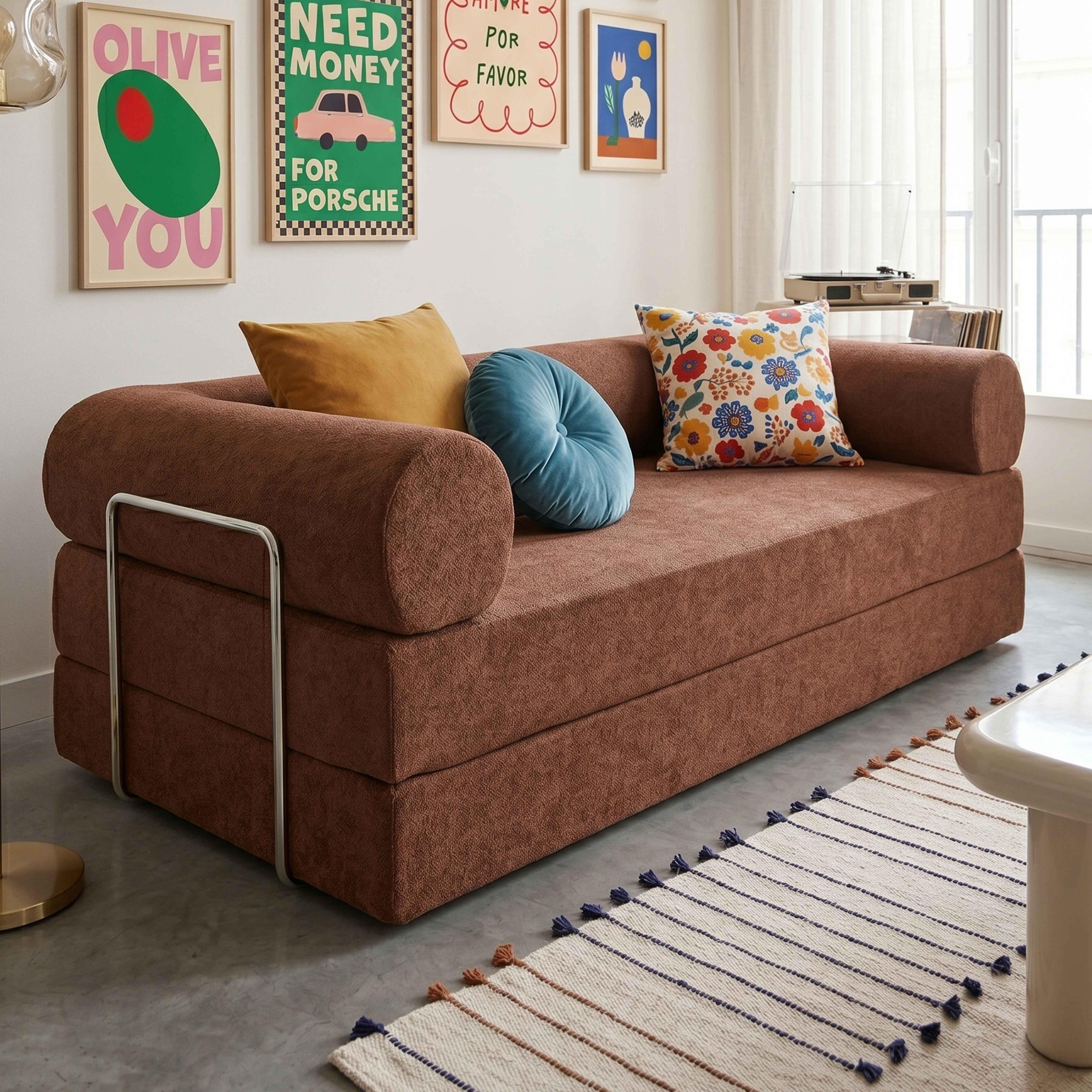 Ein braunes Sofa mit Kissen, gerahmten Postern an der Wand und einem Teppich.