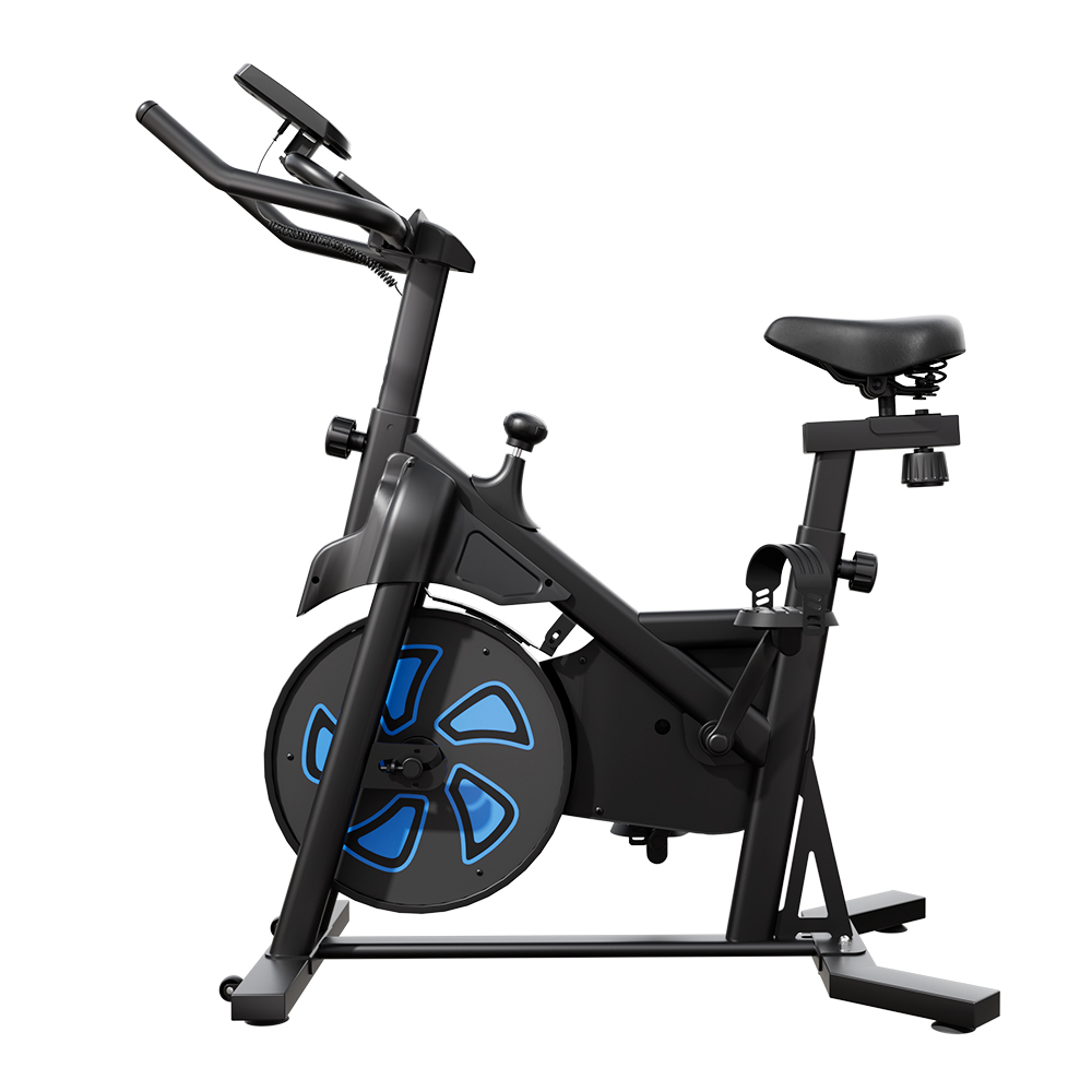 Una cyclette nera con accenti blu sul volano.