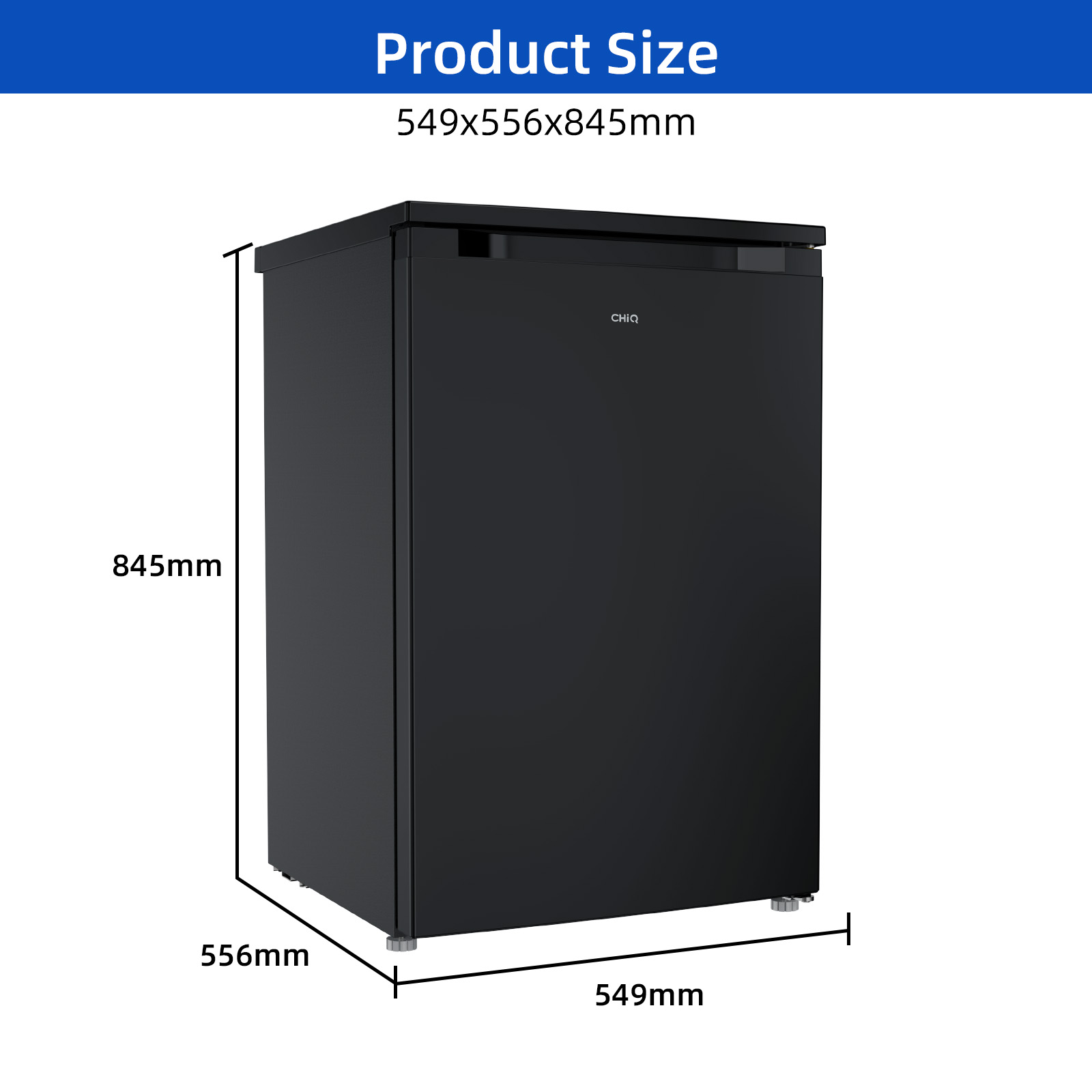 Schwarzer Kühlschrank mit Maßen 549x556x845mm. Mit CHIQ-Logo.