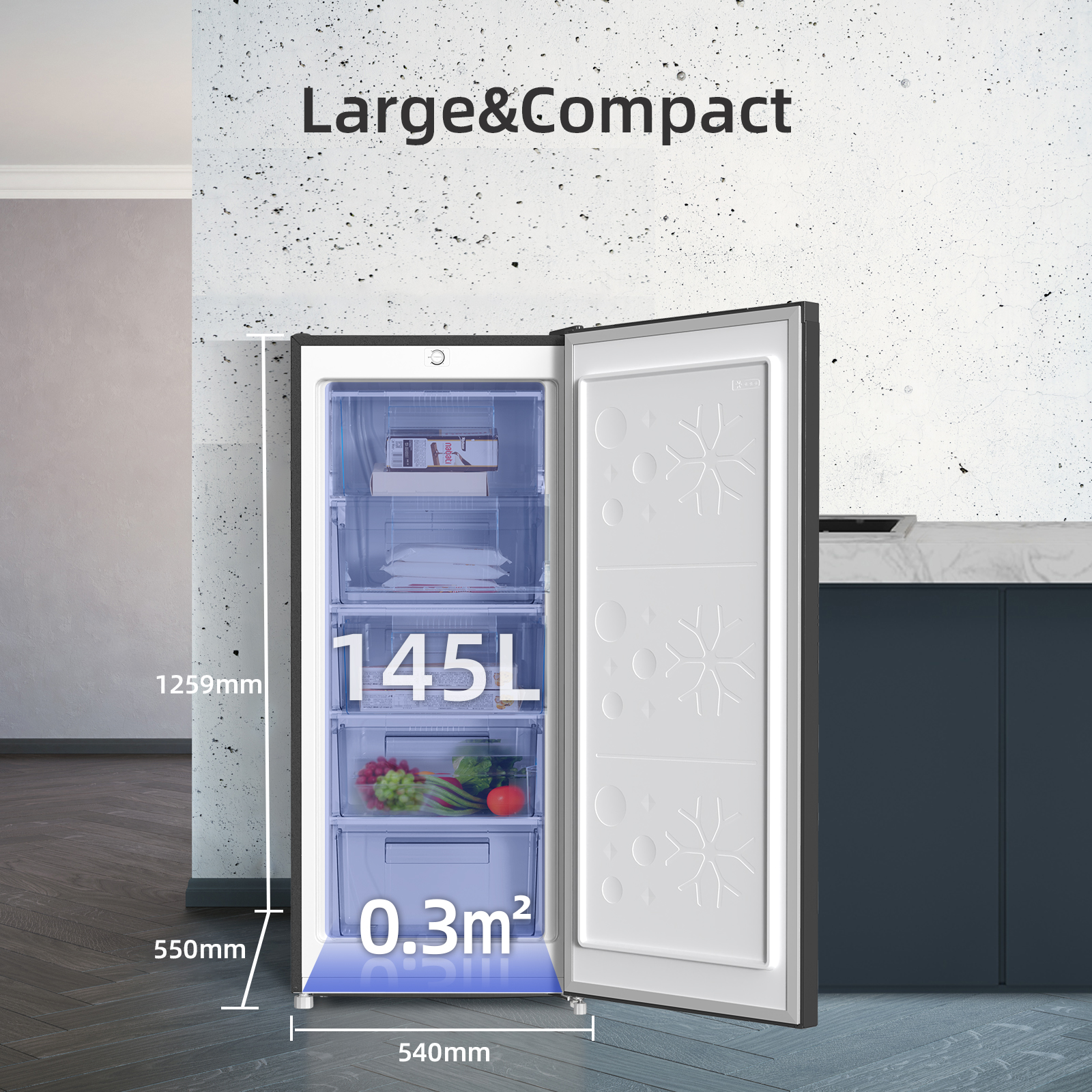 Un congelador abierto con 145L de capacidad y 0,3m² de área. Dimensiones 1259x550x540mm.