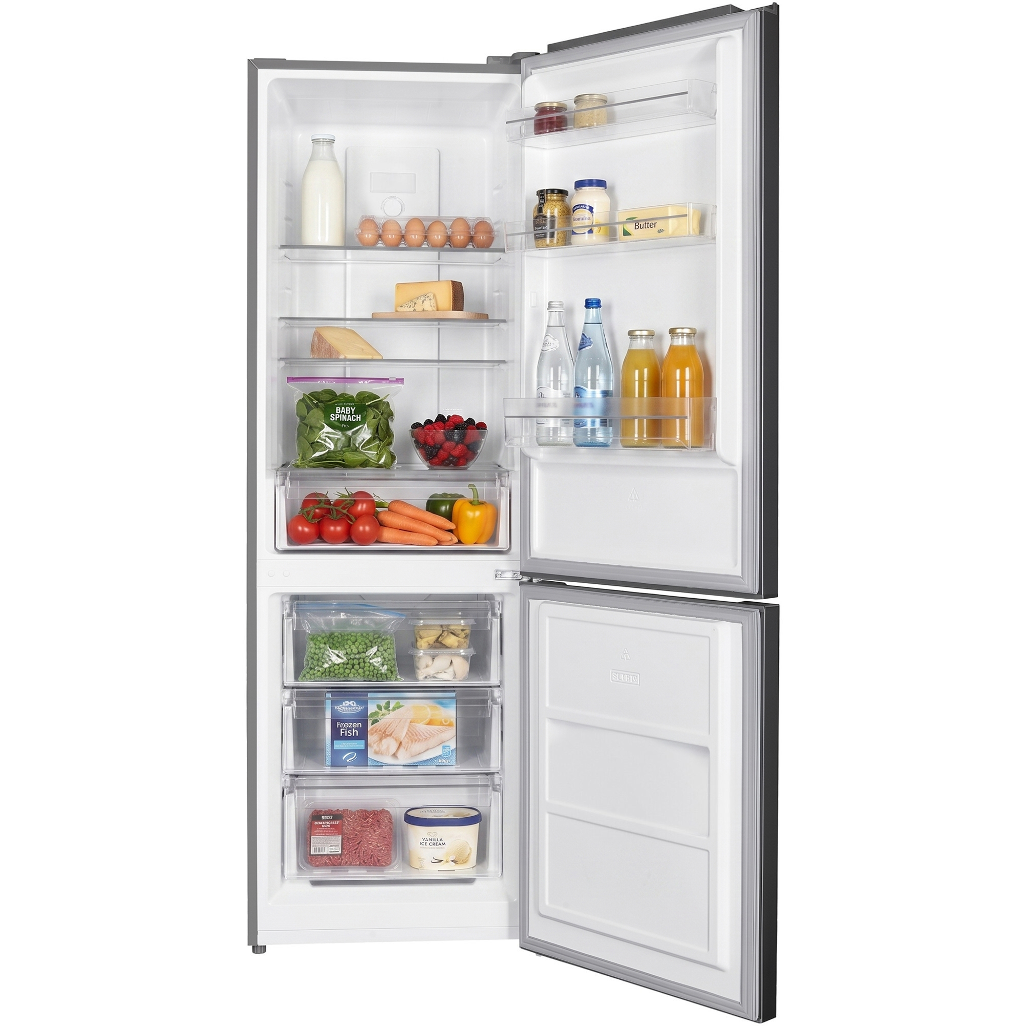 An open refrigerator stocked with food items including milk, eggs, cheese, vegetables, fish, and ice cream.