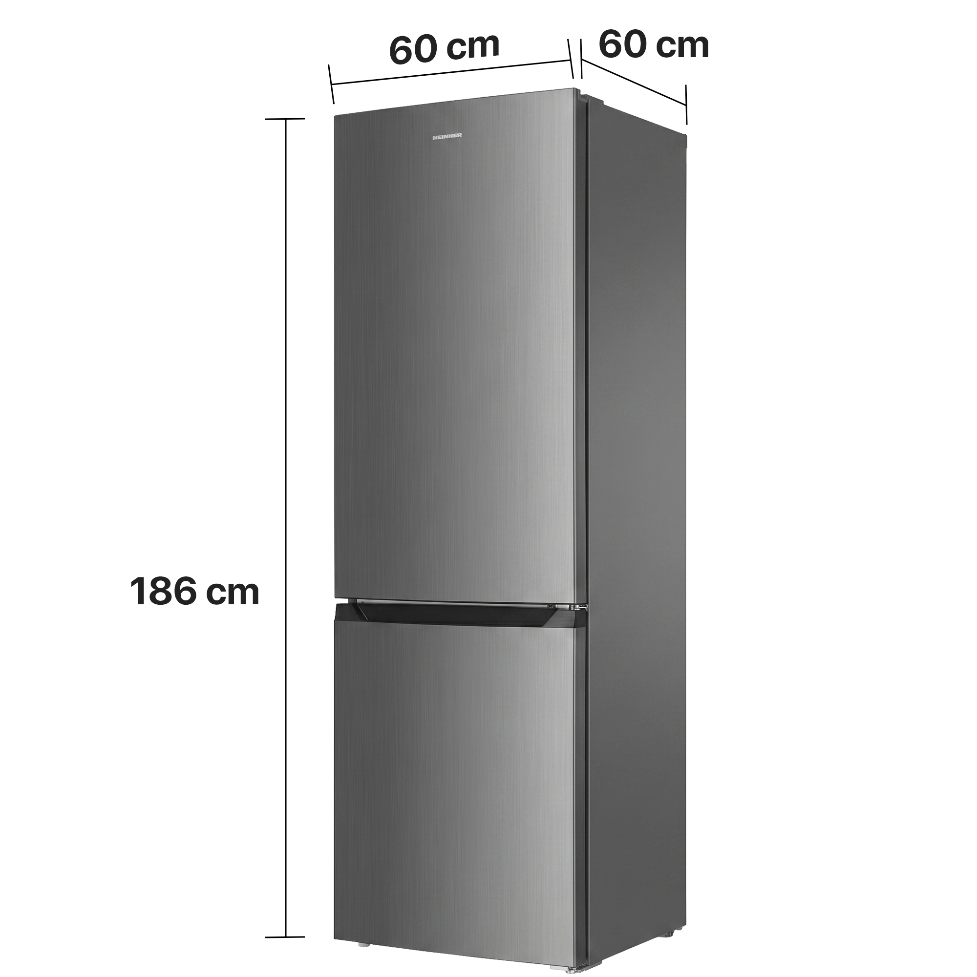 Gray refrigerator, 186x60x60cm, with a brushed metal finish.