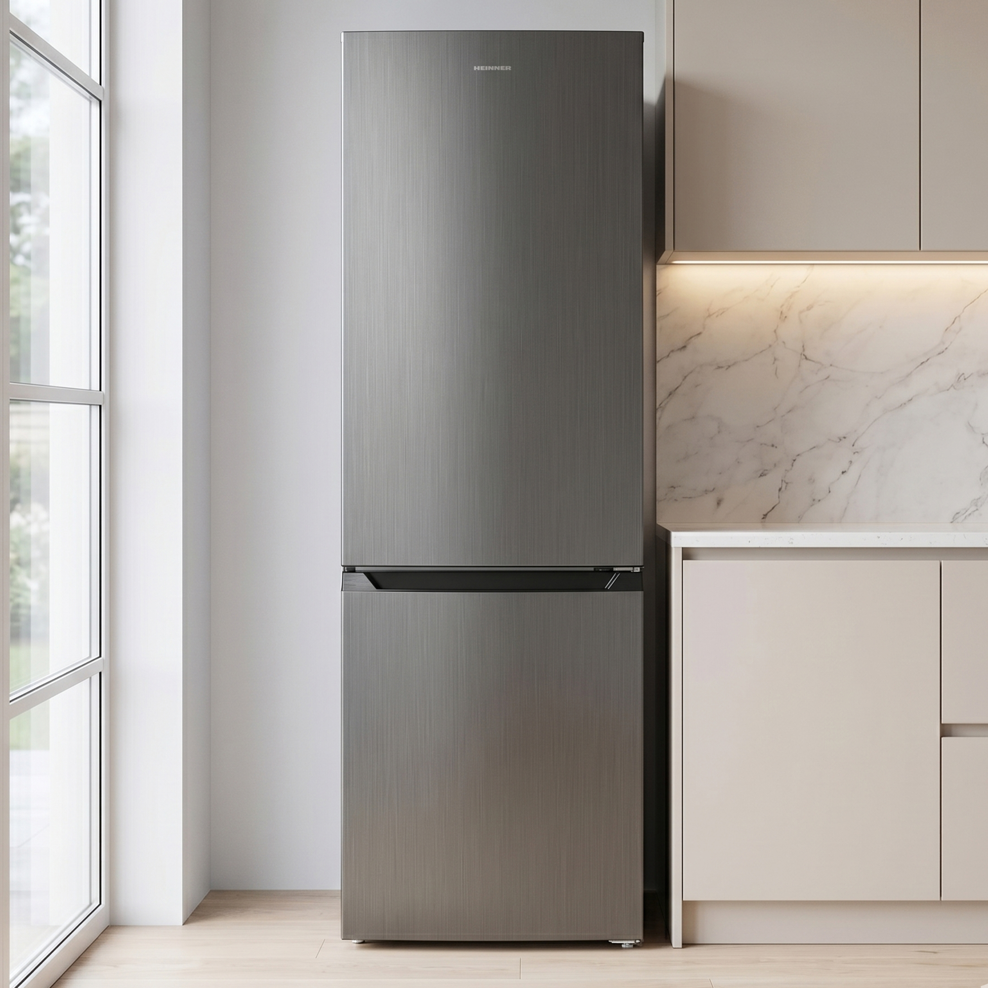 A silver refrigerator stands in a modern kitchen next to a window.