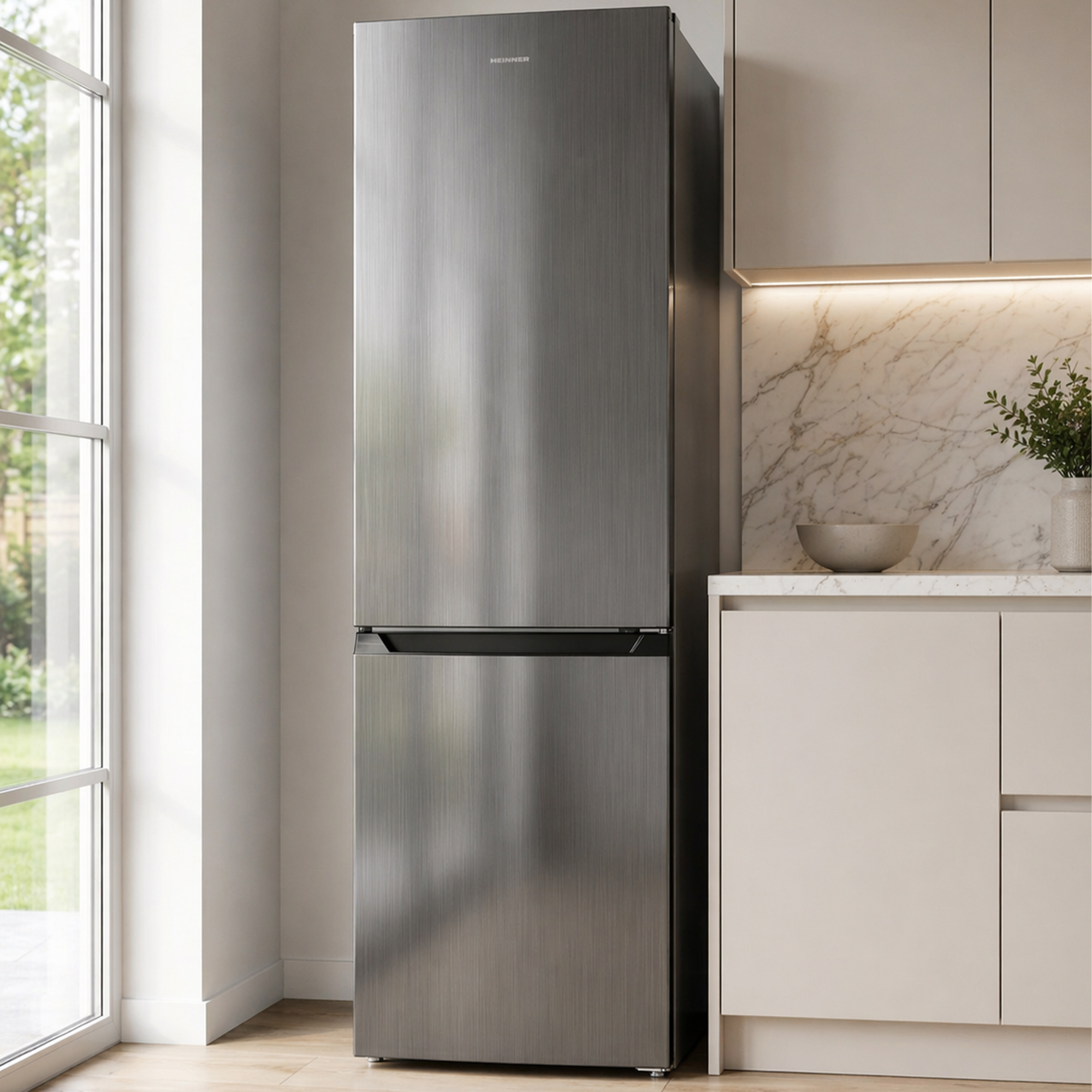 A modern silver refrigerator stands in a bright kitchen next to a window.