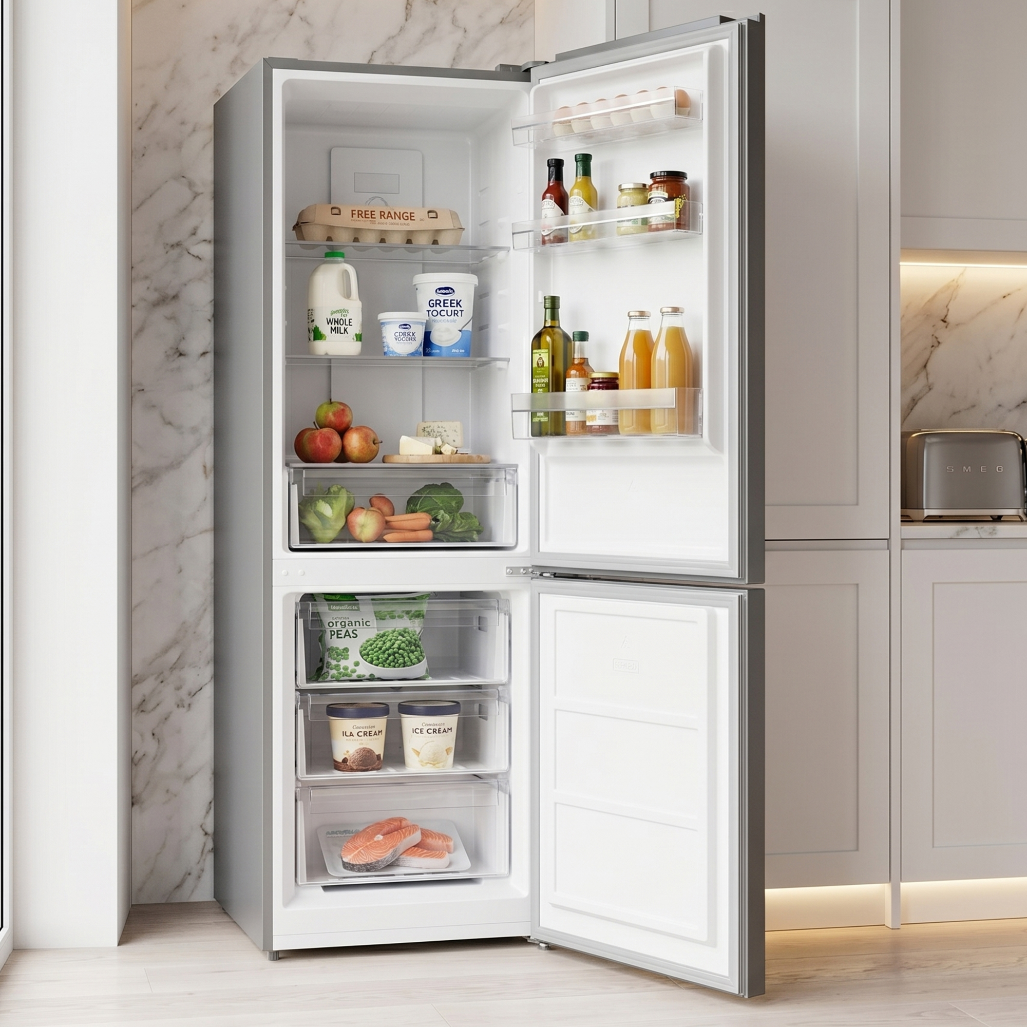 Open refrigerator with food: eggs, milk, yogurt, fruit, vegetables, peas, ice cream, salmon.