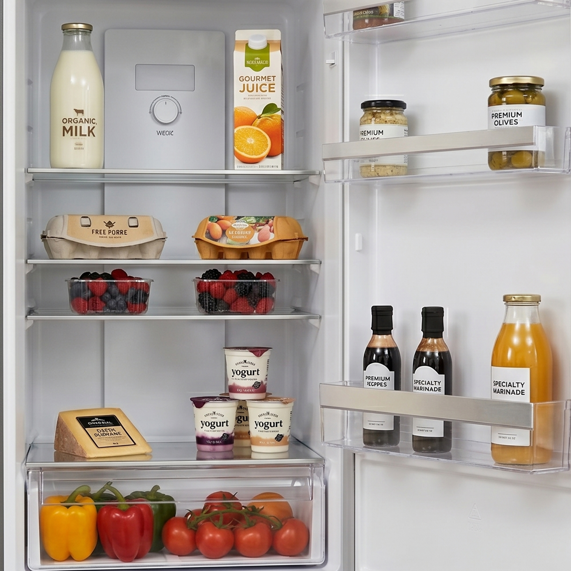 An open refrigerator door with food items on multiple shelves.