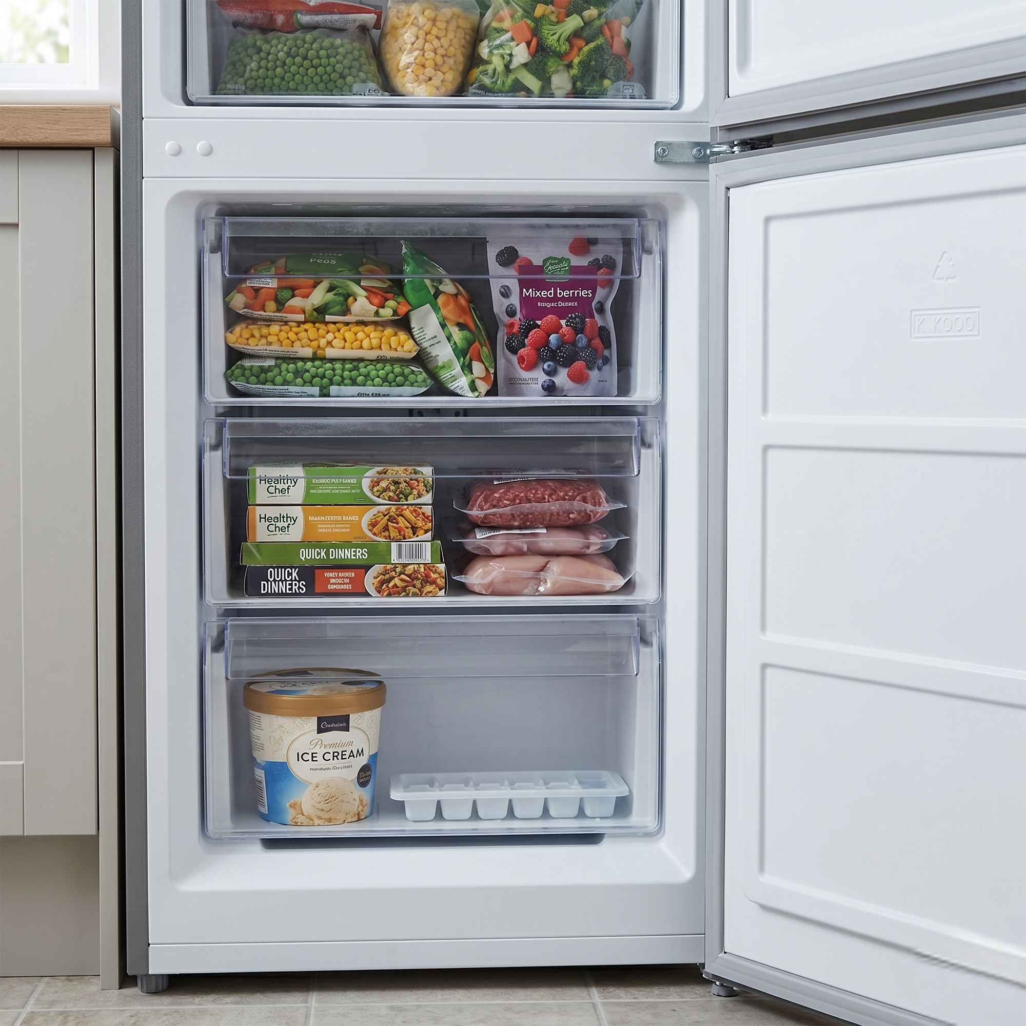 Freezer with frozen vegetables, berries, meat, and ice cream.