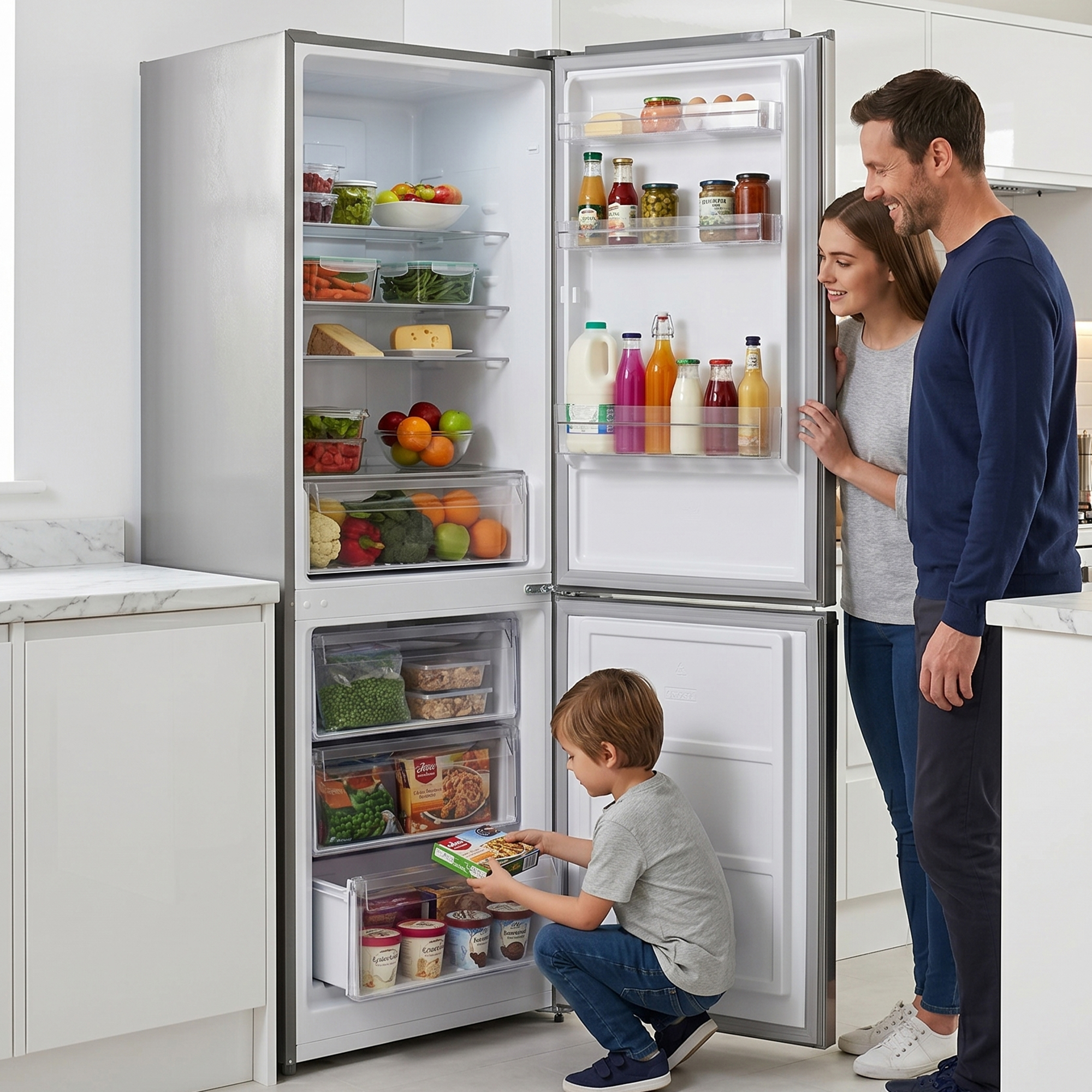 A family looks into a well-stocked refrigerator. A boy takes something out.
