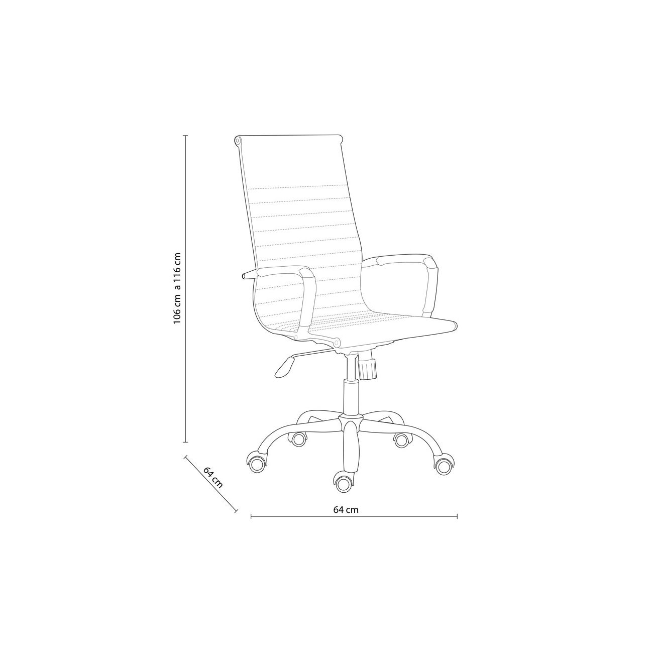 Dibujo de silla de oficina con dimensiones: 106 cm alto, 64 cm ancho.