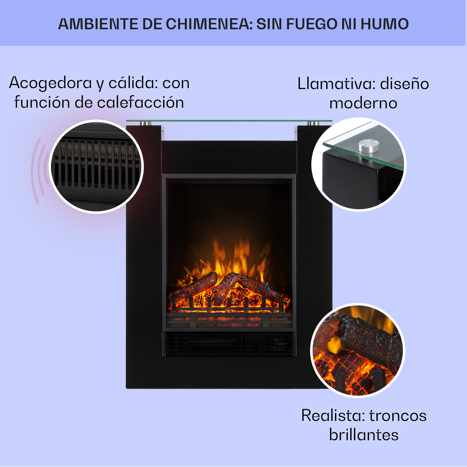 Moderner schwarzer Kamin mit realistischen Holzscheiten und Heizfunktion.