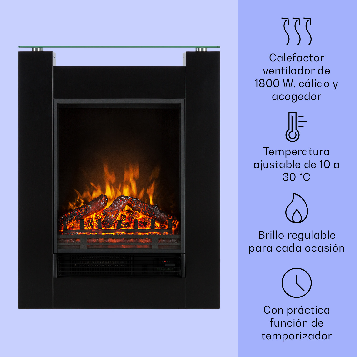 Schwarzer Elektrokamin mit realistischen Flammen und Bedienfeldern.